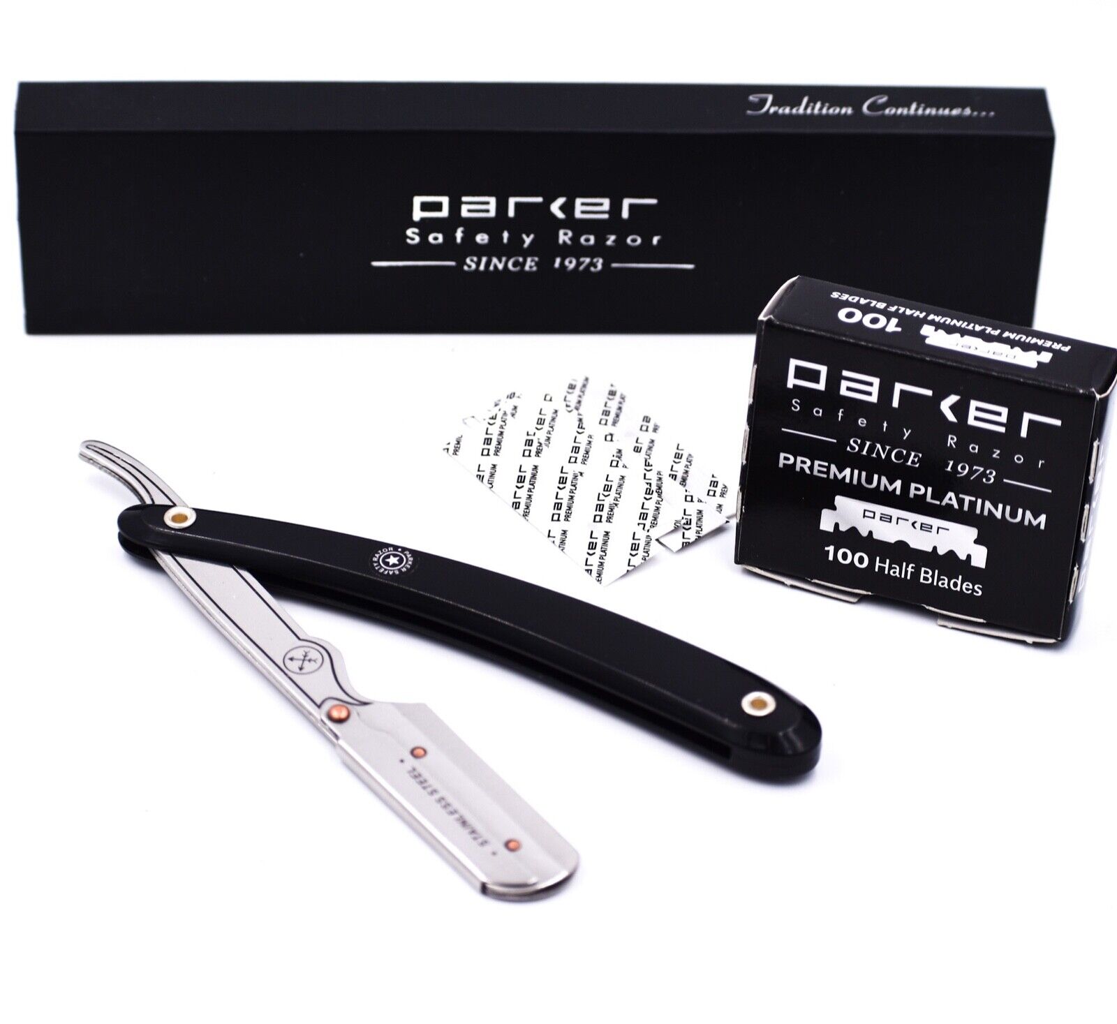 Parker SRB Straight Edge Barber Razor & 100 Parker Premium Platinum Half Blades