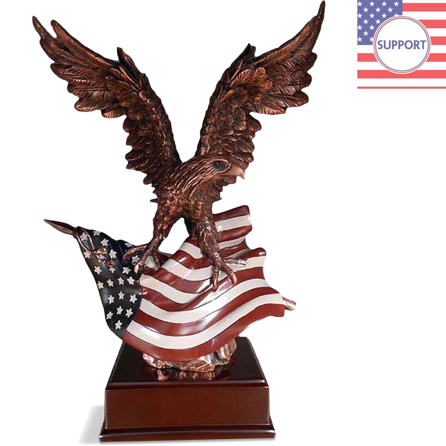 Detailed Bronze Eagle Sculpture 7”x10” with American Flag - Patriotic Home Decor