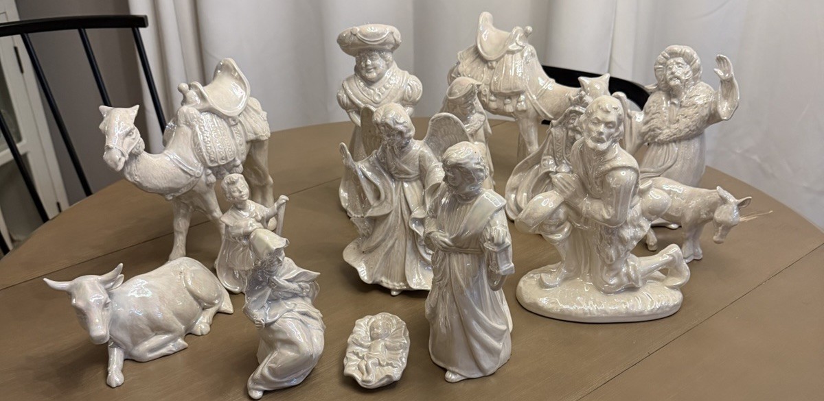 Vintage 14 Piece Iridescent Solid Large Figure Nativity Christmas Set Vintage 14 Piece Iridescent Solid Large Figure Nativity Christmas Set