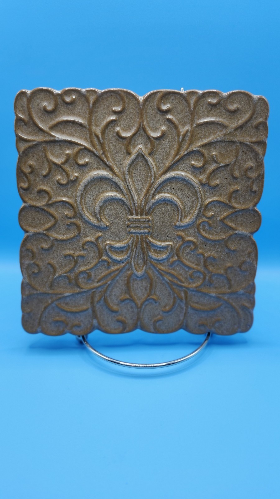 Vintage Frankoma 3TR Brown Pottery Square Fleur-de-lis Scroll Tile Trivet 6 x 6\ Vintage Frankoma 3TR Brown Pottery Square Fleur-de-lis Scroll Tile Trivet 6 x 6\