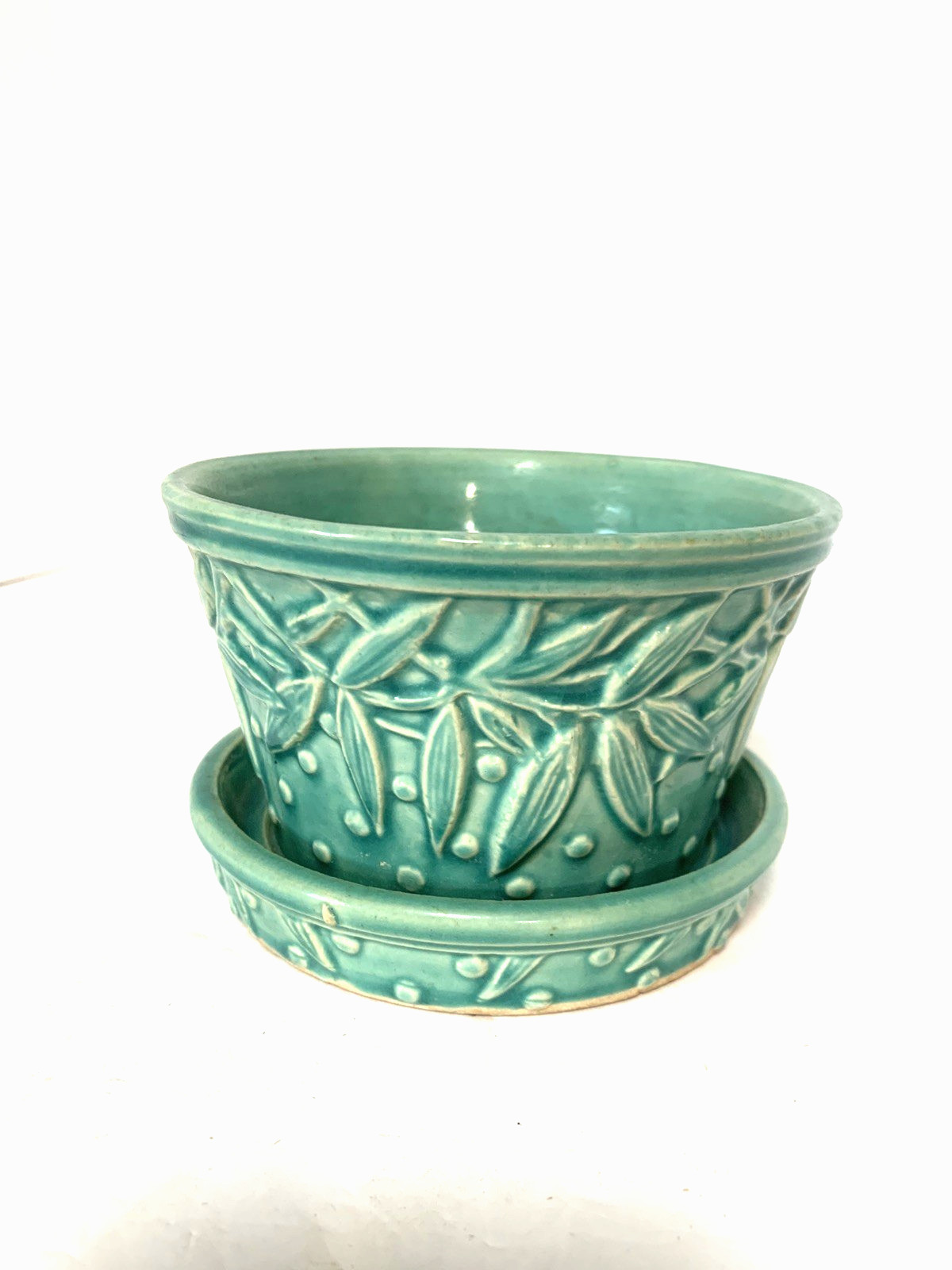 Vintage McCoy Pottery Turquoise Leaves Hobnail Flower Pot Planter w/Saucer Vintage McCoy Pottery Turquoise Leaves Hobnail Flower Pot Planter w/Saucer