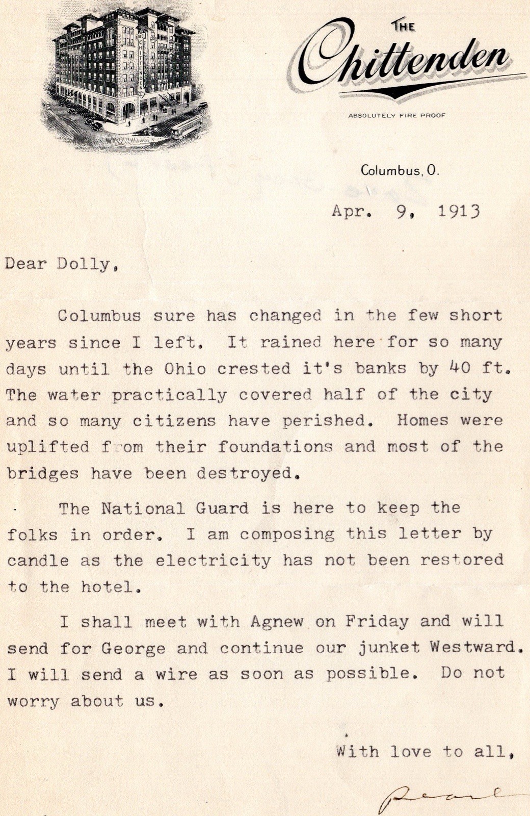 1913 ZANE GREY SIGNED “PEARL” TLS TO HIS WIFE DOLLY -COLUMBUS OHIO FLOOD