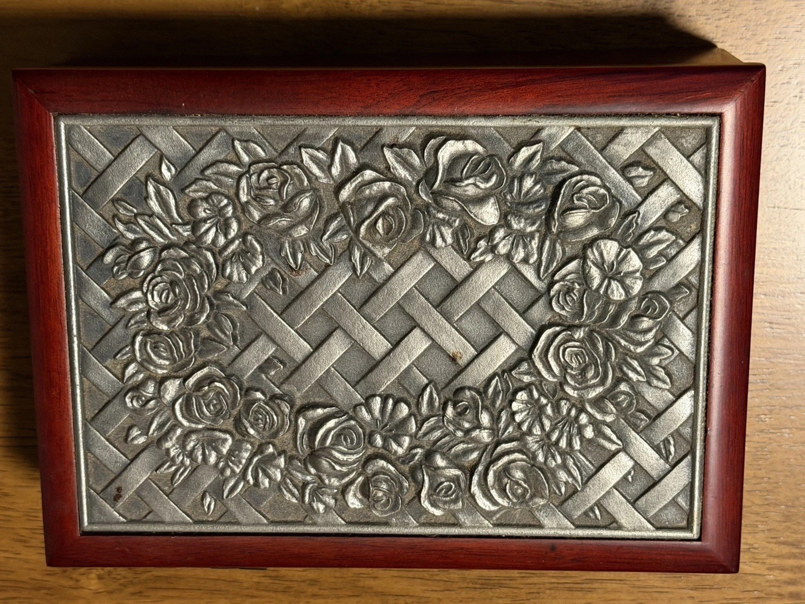 Vintage Cherry Finish Pewter Rose Keepsake Jewelry Trinket Box 5x7 Lattice Korea Vintage Cherry Finish Pewter Rose Keepsake Jewelry Trinket Box 5x7 Lattice Korea