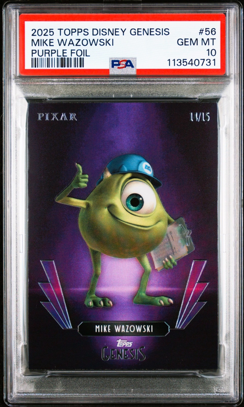 2025 Topps Disney Genesis #56 Mike Wazowski Purple Foil /15 PSA 10 GEM POP 1