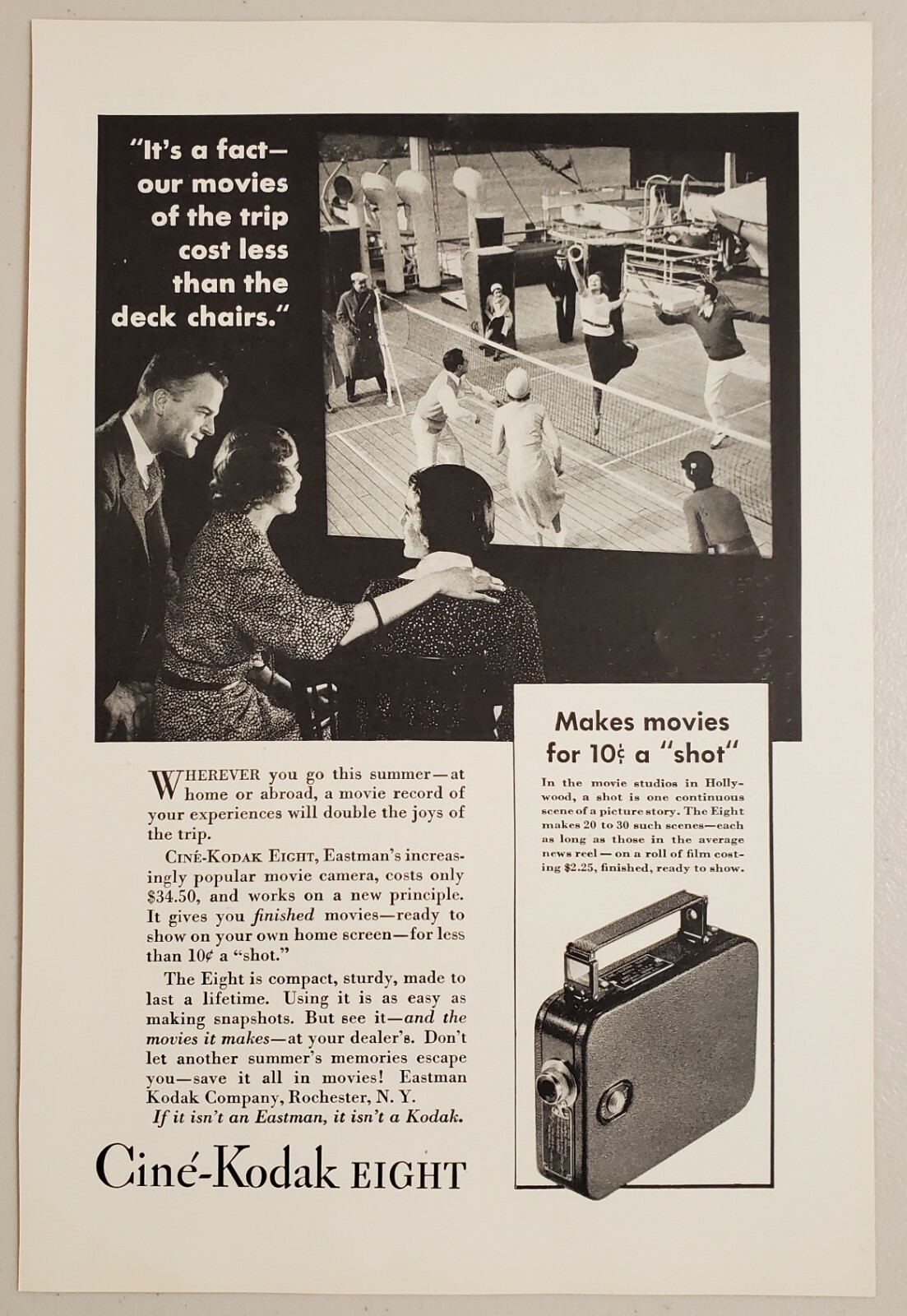 1934 Print Ad Cine-Kodak Eight Movie Cameras Playing Badminton on Cruise Ship 1934 Print Ad Cine-Kodak Eight Movie Cameras Playing Badminton on Cruise Ship