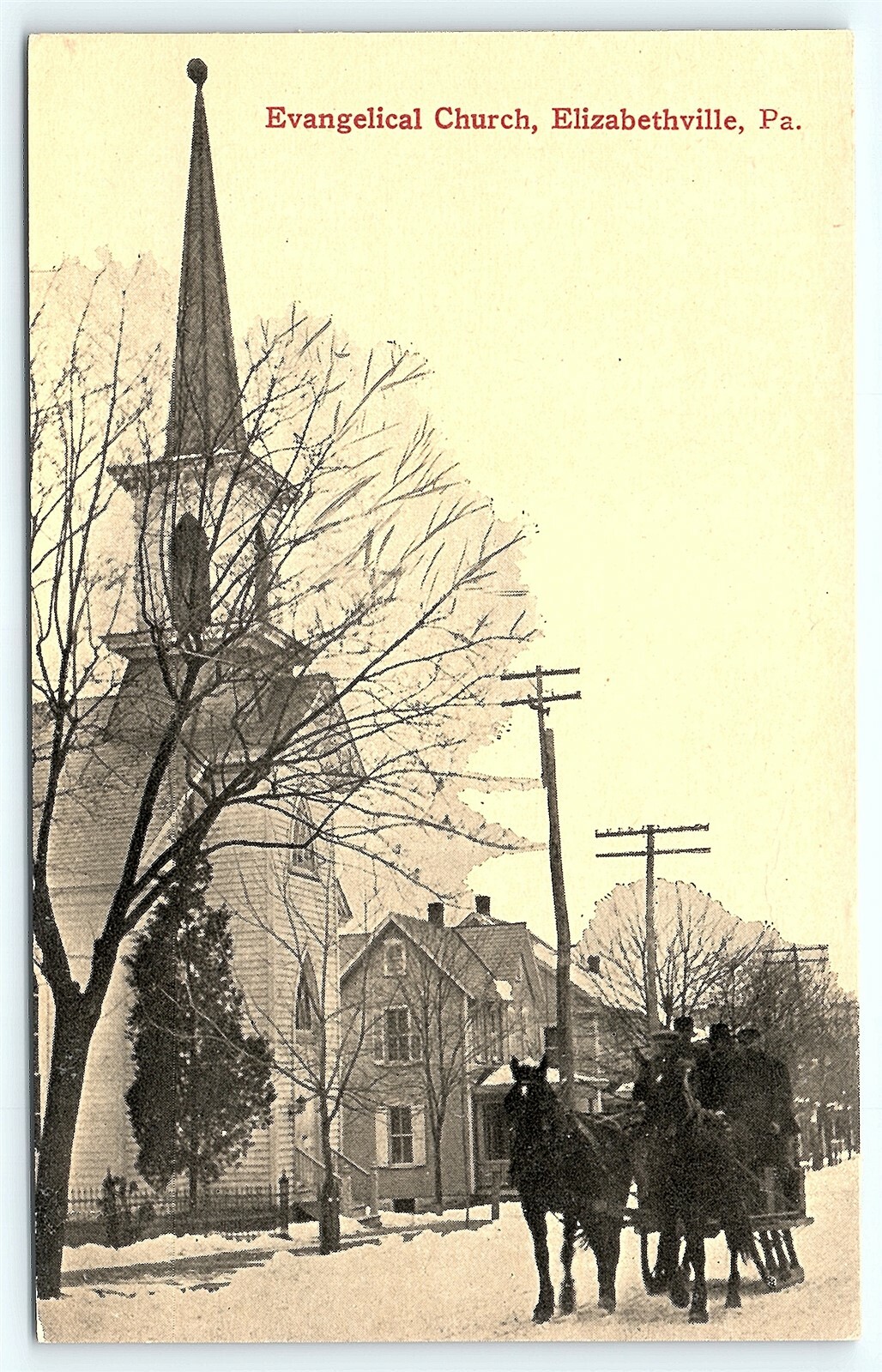 Postcard PA Elizabethville Pre 1920s Evangelical Church Horse Drawn Sleigh R43