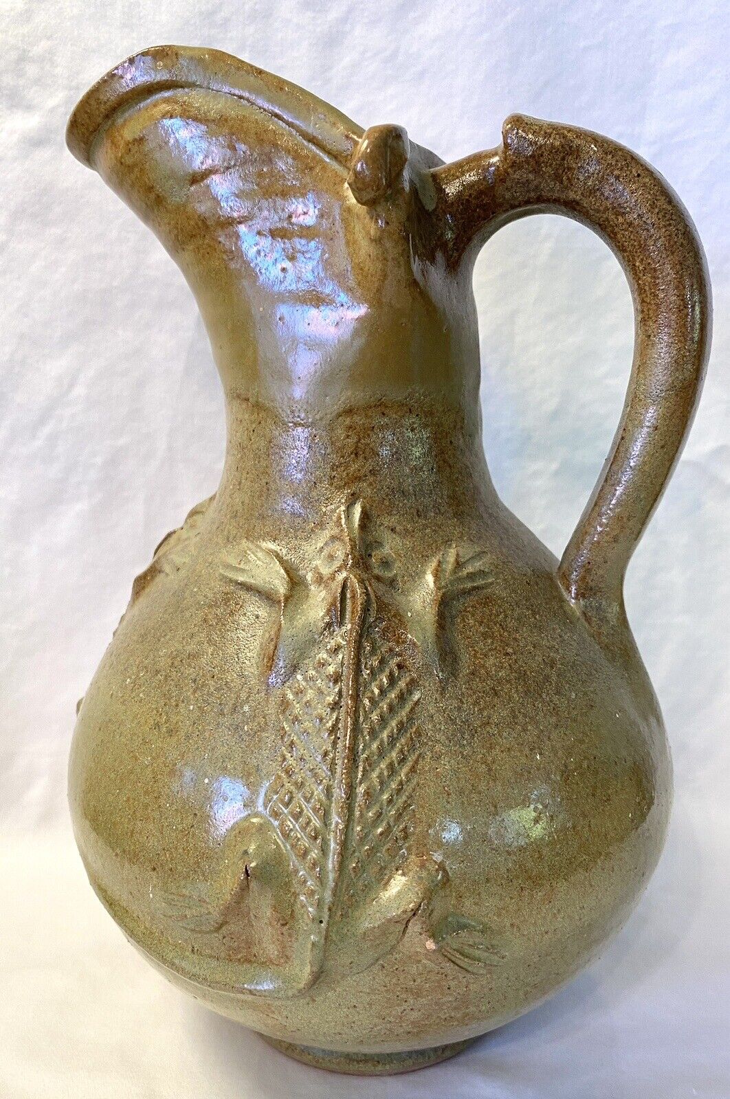 VTG Art Pottery Pitcher French Country Bas Relief 3D Olive Green 10” Rustic Rare