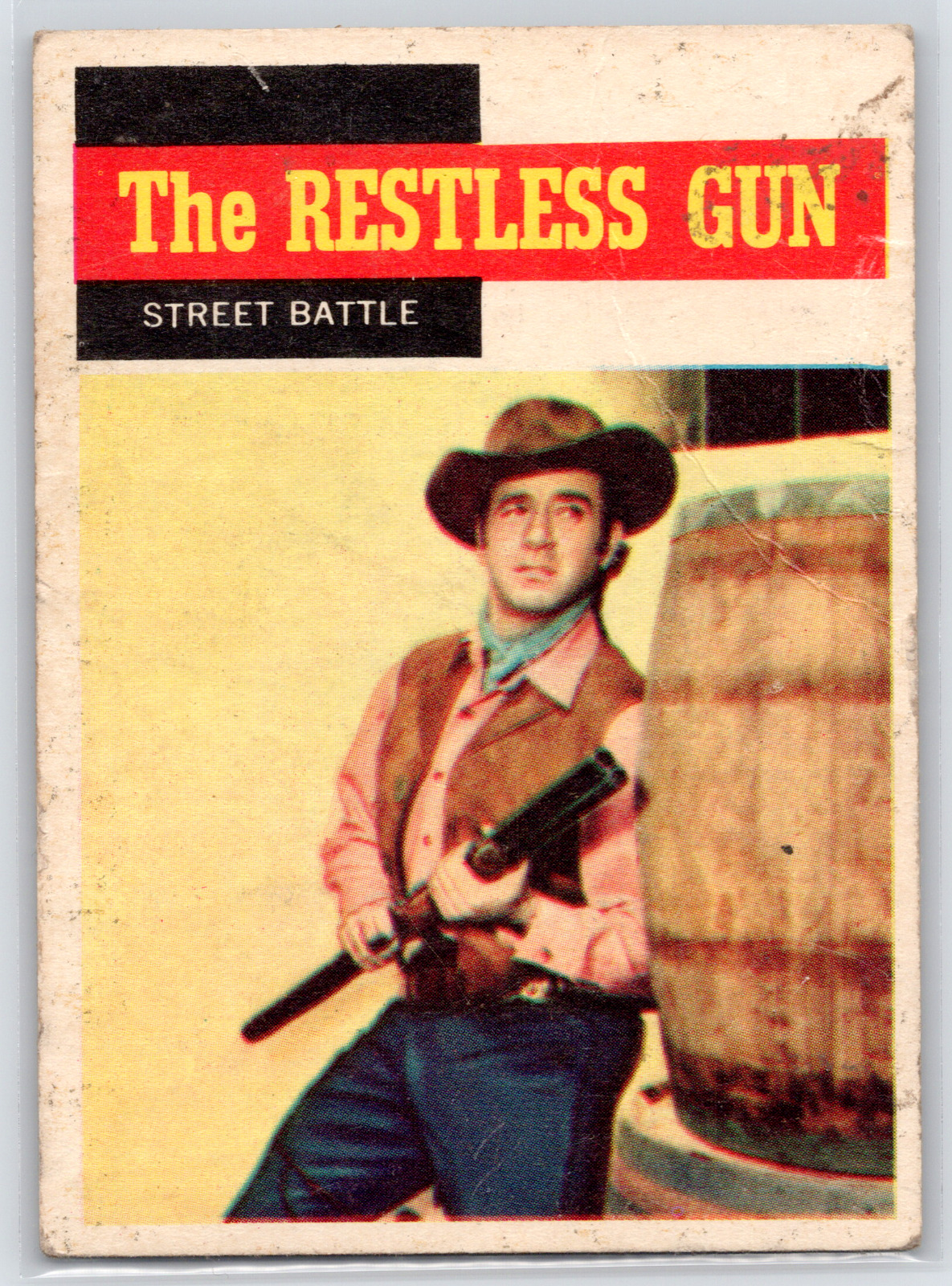 1958 Topps #56 TV Westerns THE RESTLESS GUN Street Battle Card Revue Productions