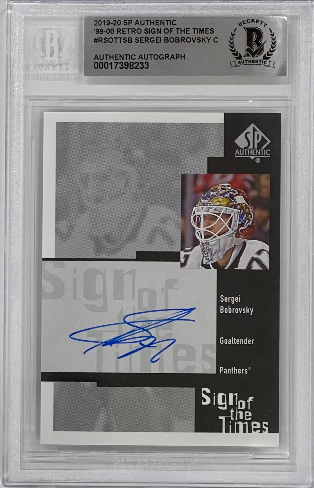 Sergei Bobrovsky Autographed 2019-20 Upper Deck SP Retro Sign of the Times Card Sergei Bobrovsky Autographed 2019-20 Upper Deck SP Retro Sign of the Times Card