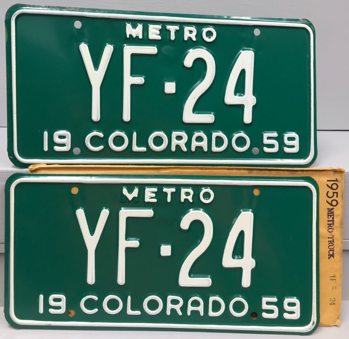 1959 NOS Colorado Metro Truck License Plate Pair Plates YF-24 Leadville 1959 NOS Colorado Metro Truck License Plate Pair Plates YF-24 Leadville