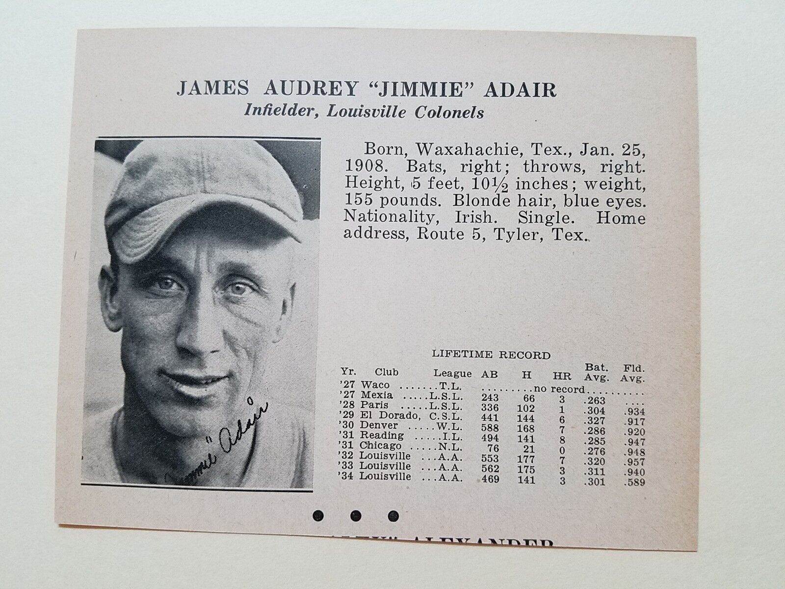 Jimmy Adair & Bob Allaire Toledo Mud Hens Colonels 1935 Scrapbook Card