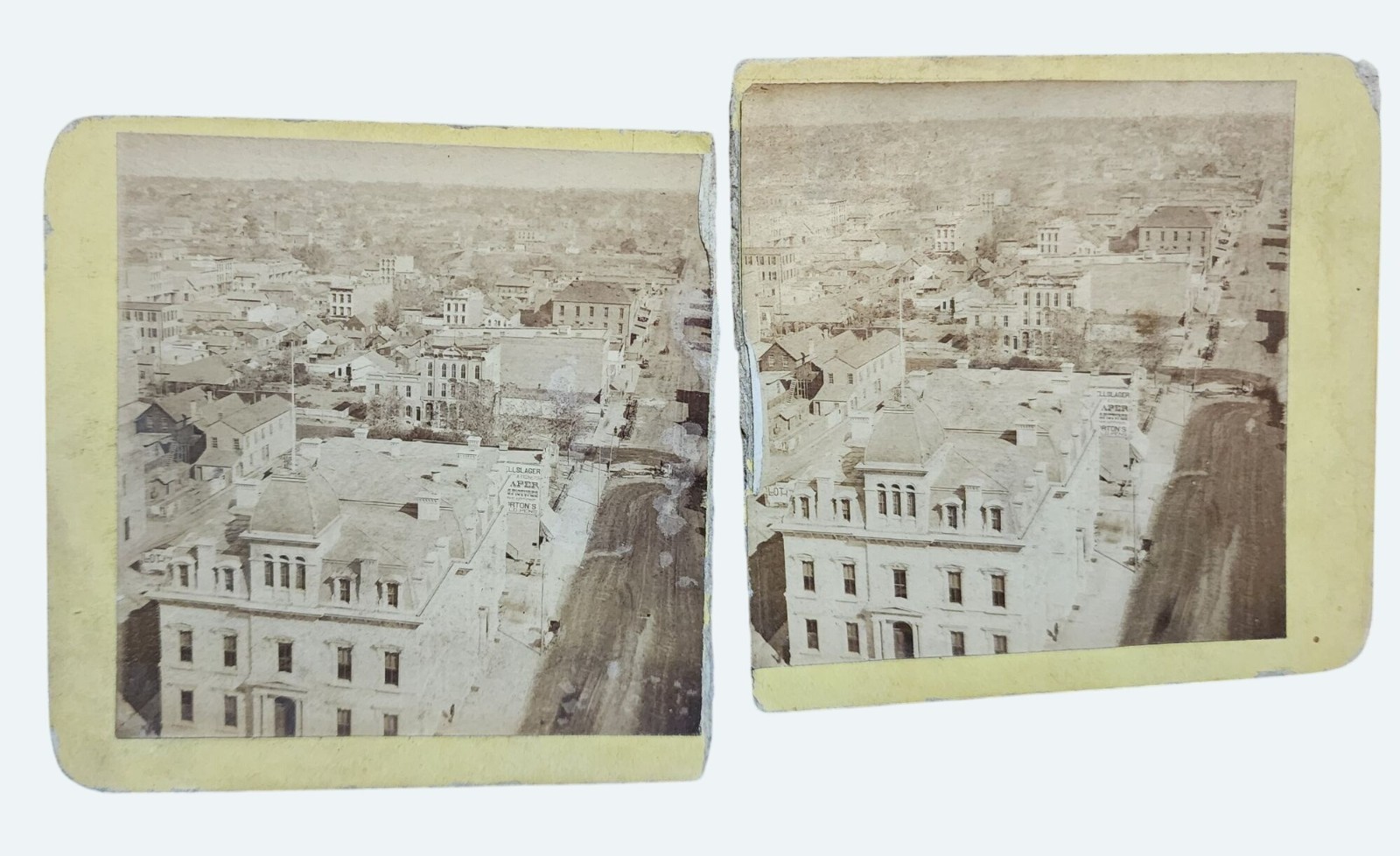 Antique Stereoview Card Of Historic Cityscape Photography On broken Cardstock