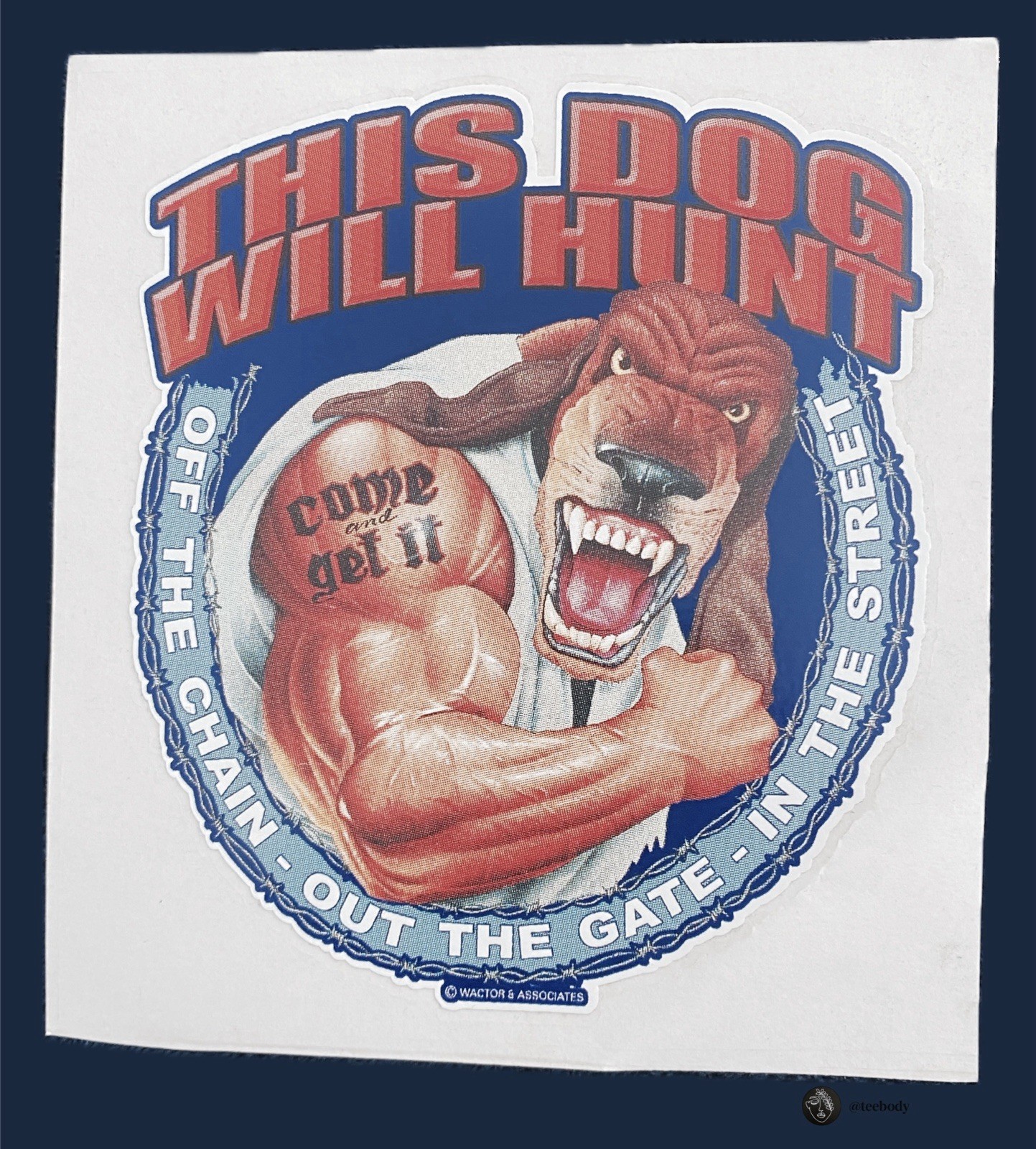 Vintage 90s Muscle Dog Sticker Vending Machine Decal Wactor Associates Gym Art