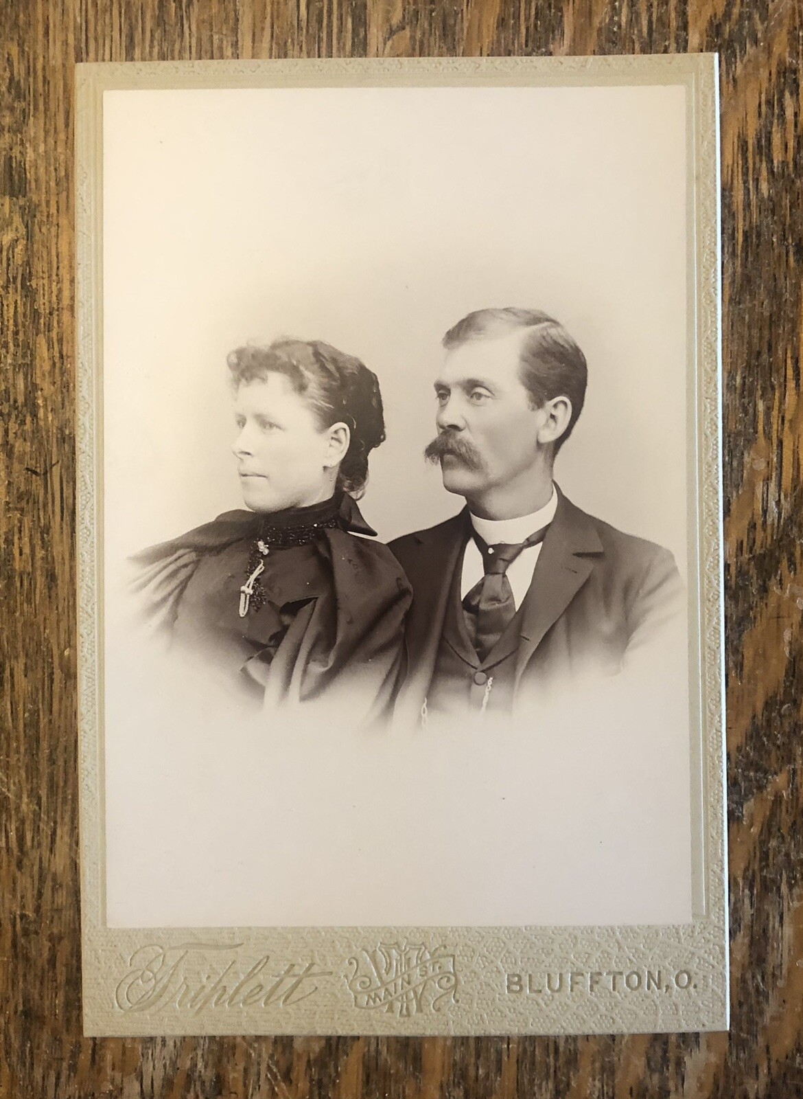 Antique c1890s Cabinet Card  Man With Moustache And Lovely Woman 6.5”x 4.75”