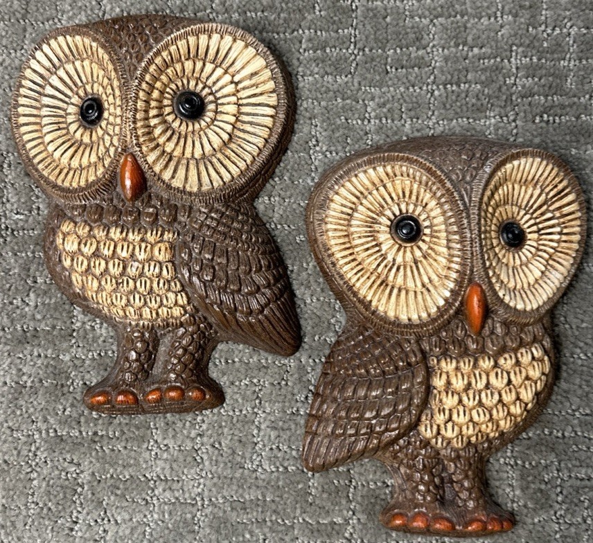 Vintage Owl Set MCM 1970s Kitschy Wall Hanging Decor Art 7x5”