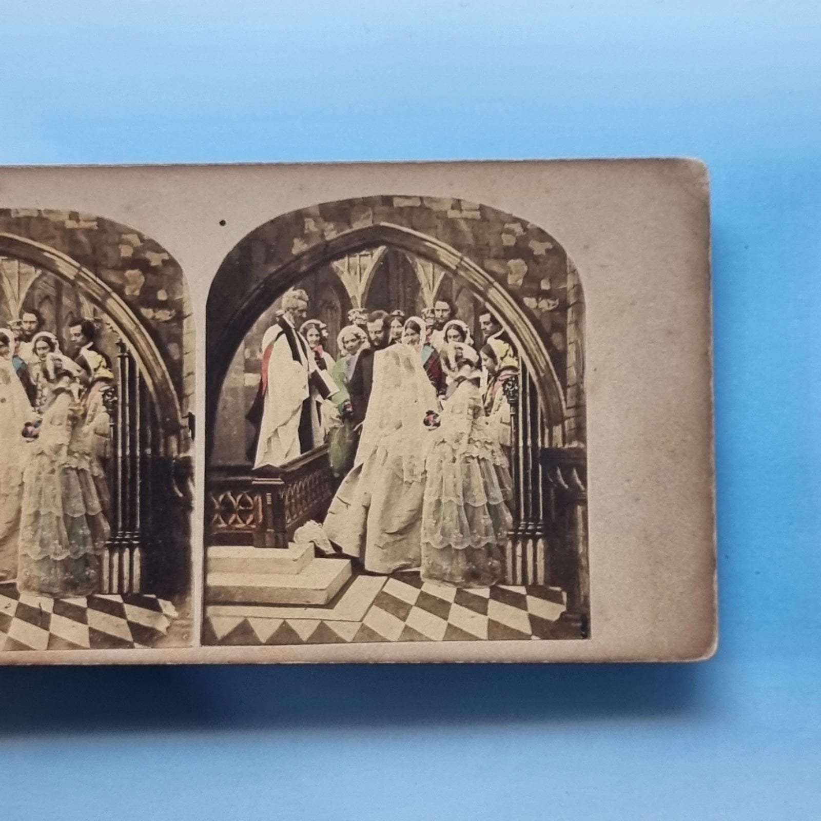 Victorian Fashion Stereoview C1855 Real Photo Wedding Church Lace Dress Tinted Victorian Fashion Stereoview C1855 Real Photo Wedding Church Lace Dress Tinted