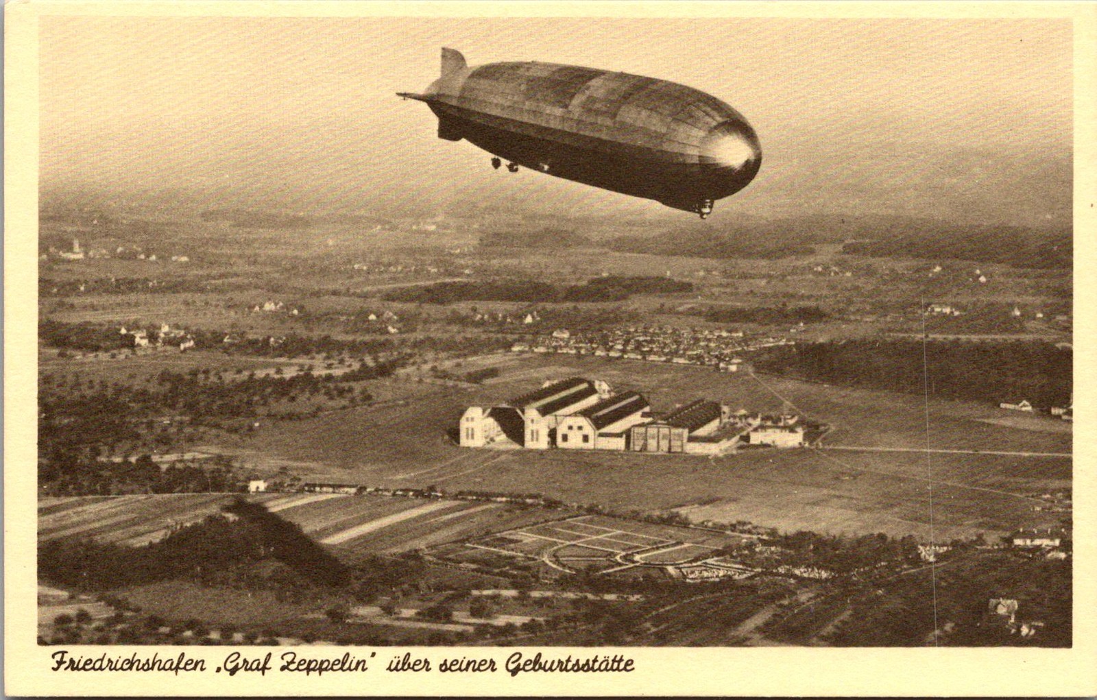 Friedrichshafen Graf Zeppelin Airship Over Hangars Vintage Postcard 4P23-27
