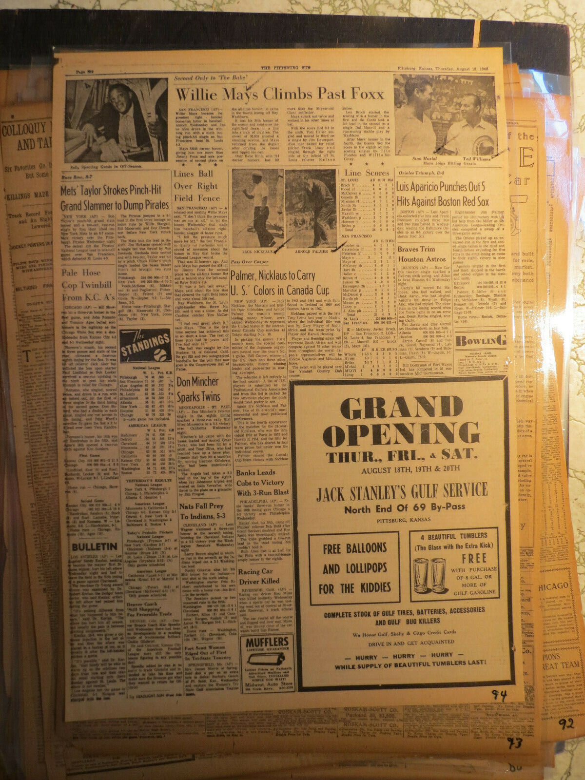 Baseball History Newspaper 1966 WILLIE MAYS PASSES FOXX + GOLD PALMER NICKLAUS 