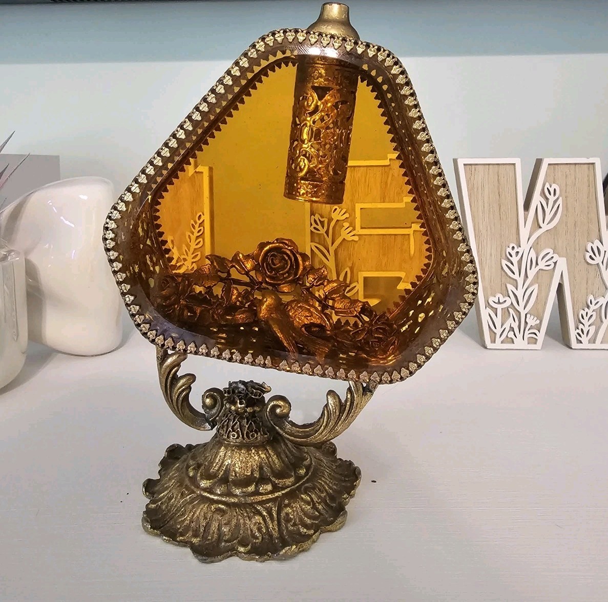UNIQUE RARE VINTAGE ORMOLU PERFUME BOTTLE FILIGREE AMBER GLASS HOLLYWOOD REGENCY