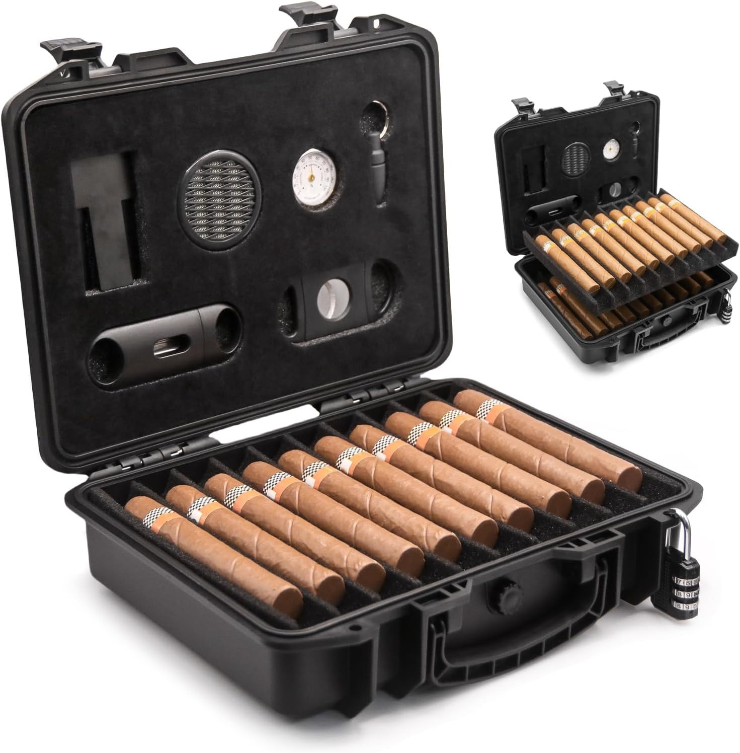 Portable Cigar Travel Humidor Case with Lock, Humidifier, and Cutters