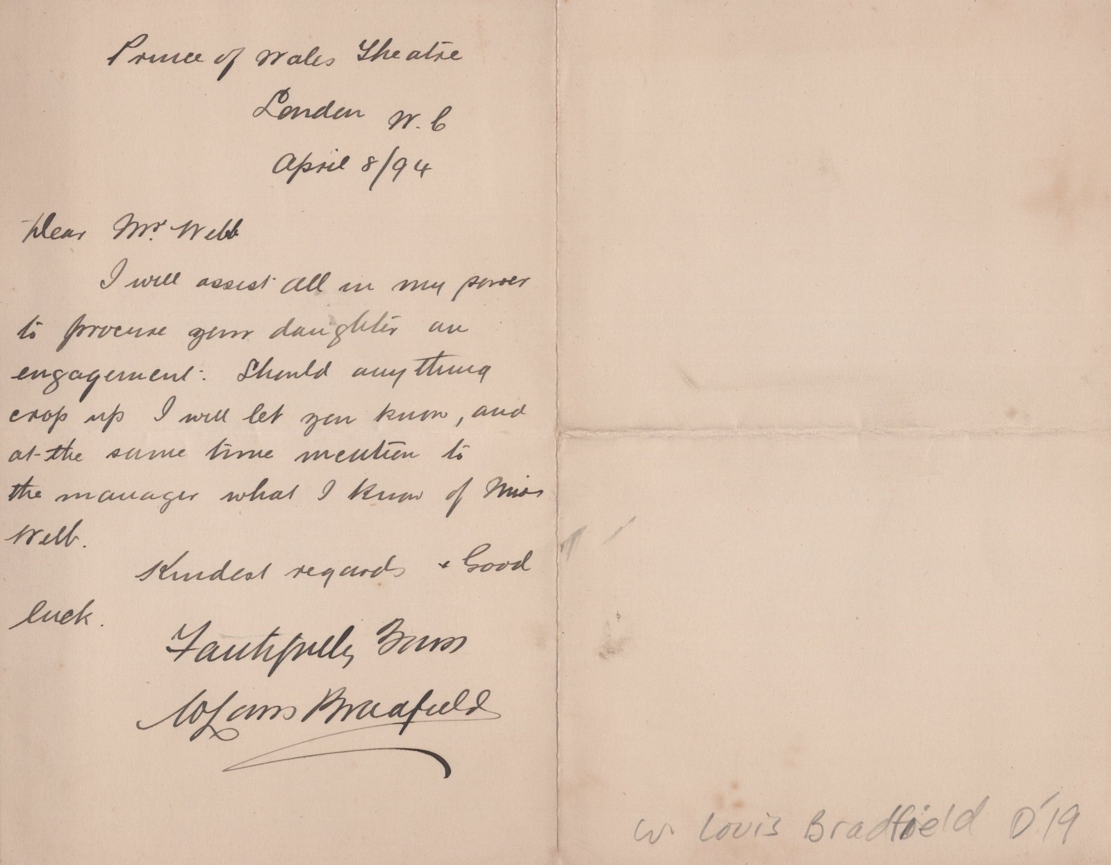 W. Louis Bradfield ENGLISH ACTOR HAND WRITTEN LETTER Signed AUTOGRAPH 1894
