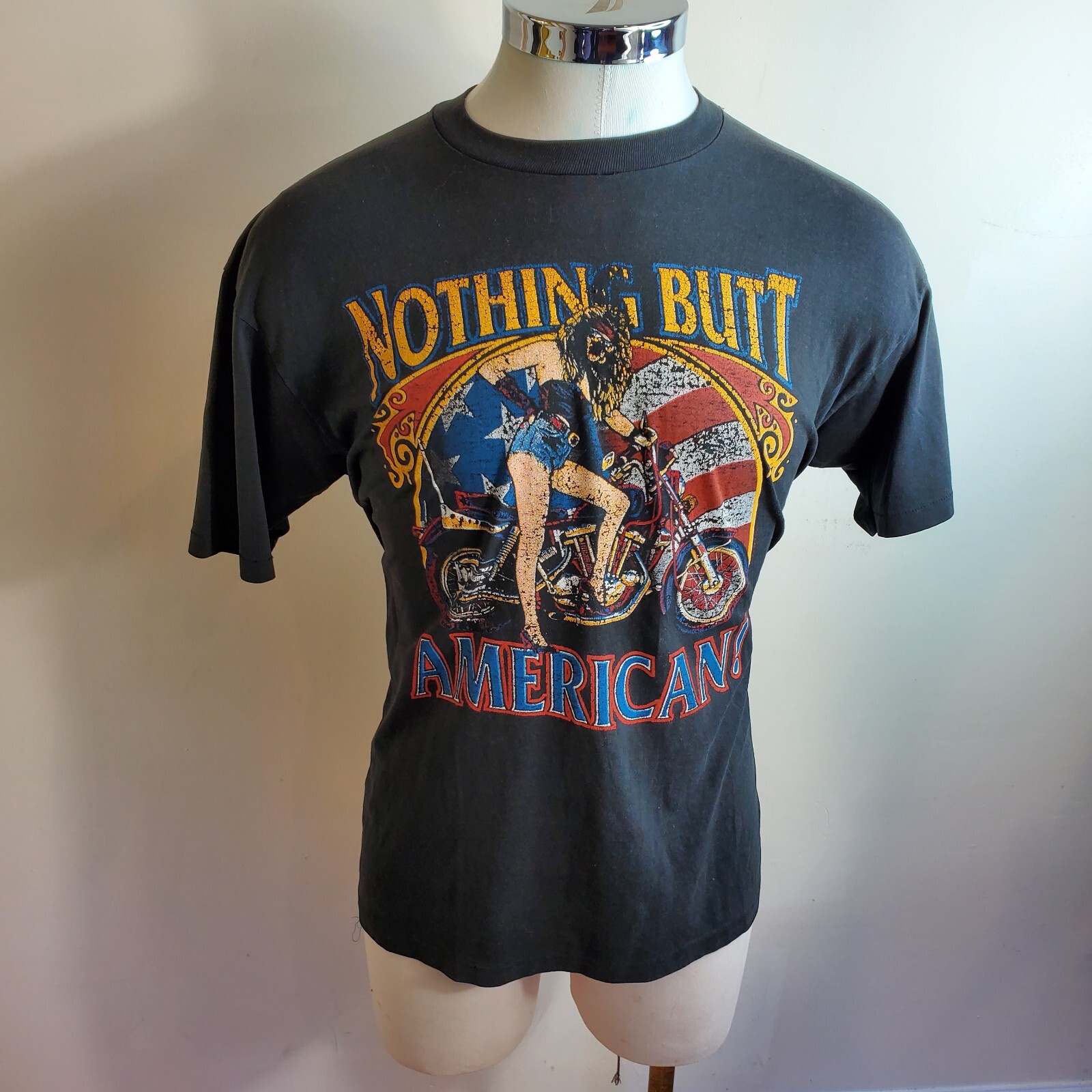 VINTAGE NOTHING BUTT AMERICAN ~ HOT 80\'s Chick on Motorcycle T Shirt XL Black VINTAGE NOTHING BUTT AMERICAN ~ HOT 80\'s Chick on Motorcycle T Shirt XL Black