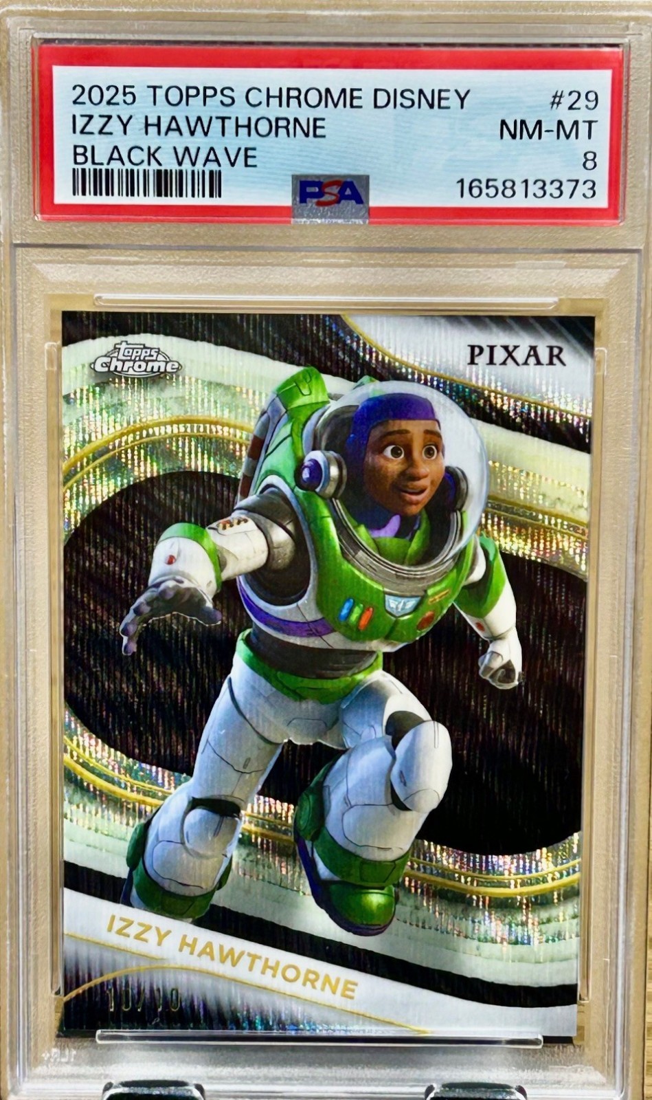 2025 Topps Chrome Disney Izzy Hawthorne Black Wave 10/10 Omega PSA 8
