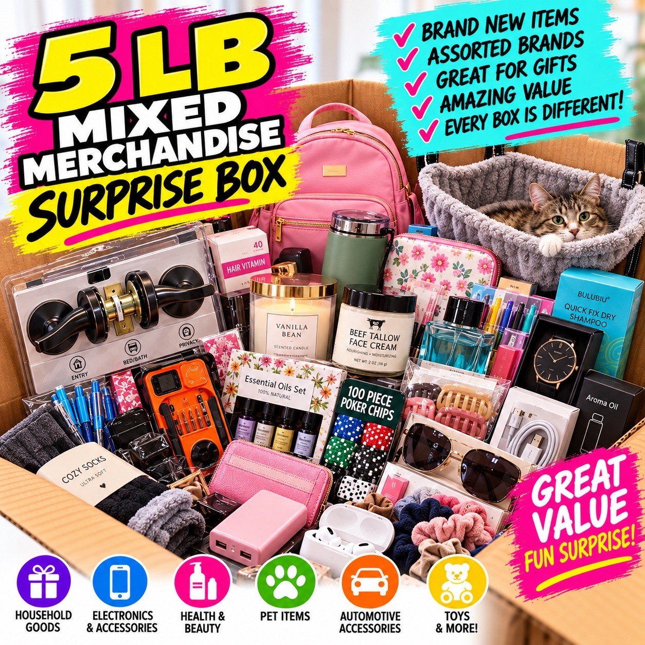 5 LB Mixed Merch Box $100+ Retail Value GUARANTEED Mixed New Items Surprise Lot 5 LB Mixed Merch Box $100+ Retail Value GUARANTEED Mixed New Items Surprise Lot