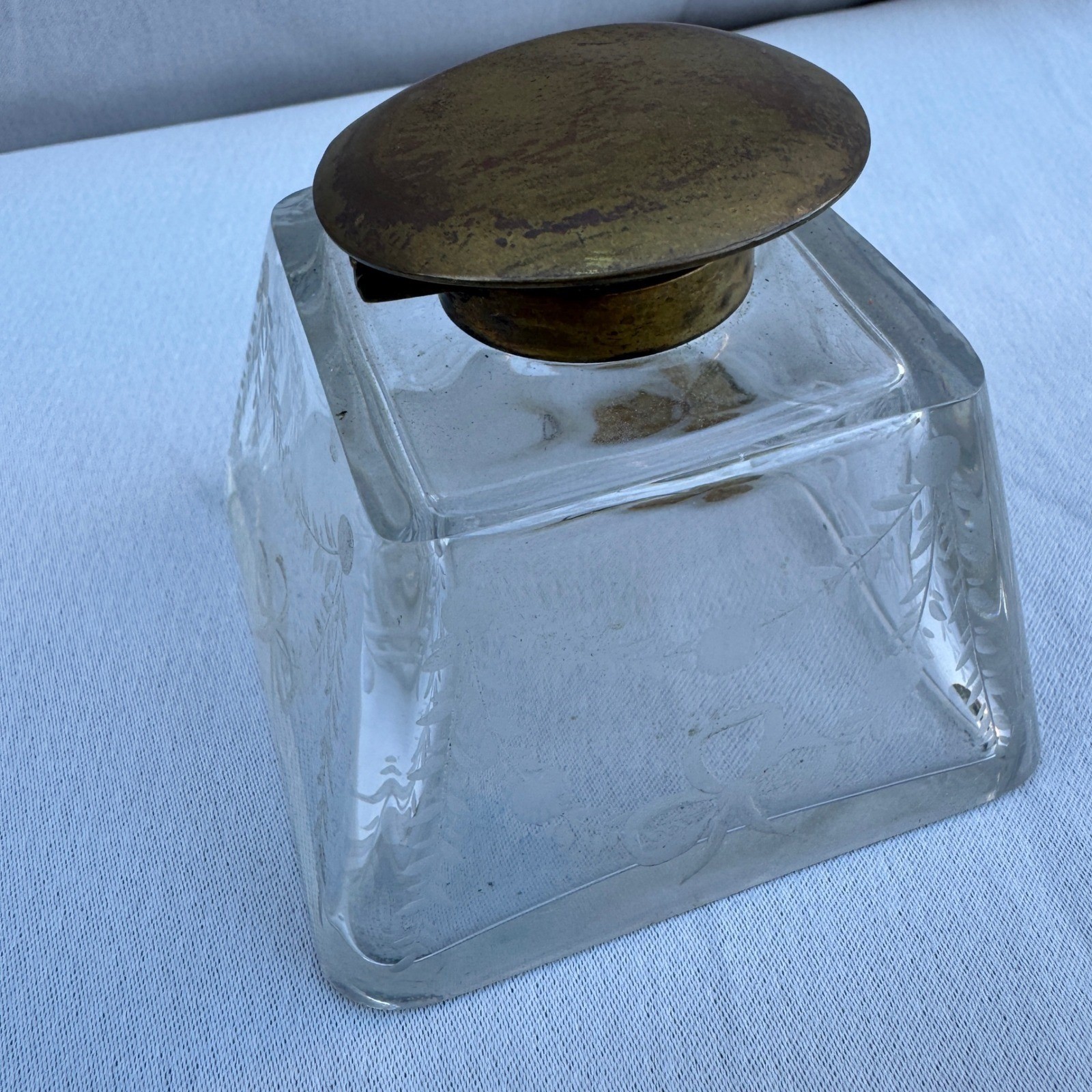 Vintage Antique Inkwell Etched Glass Brass Lid Clear Floral Dark Academia Desk