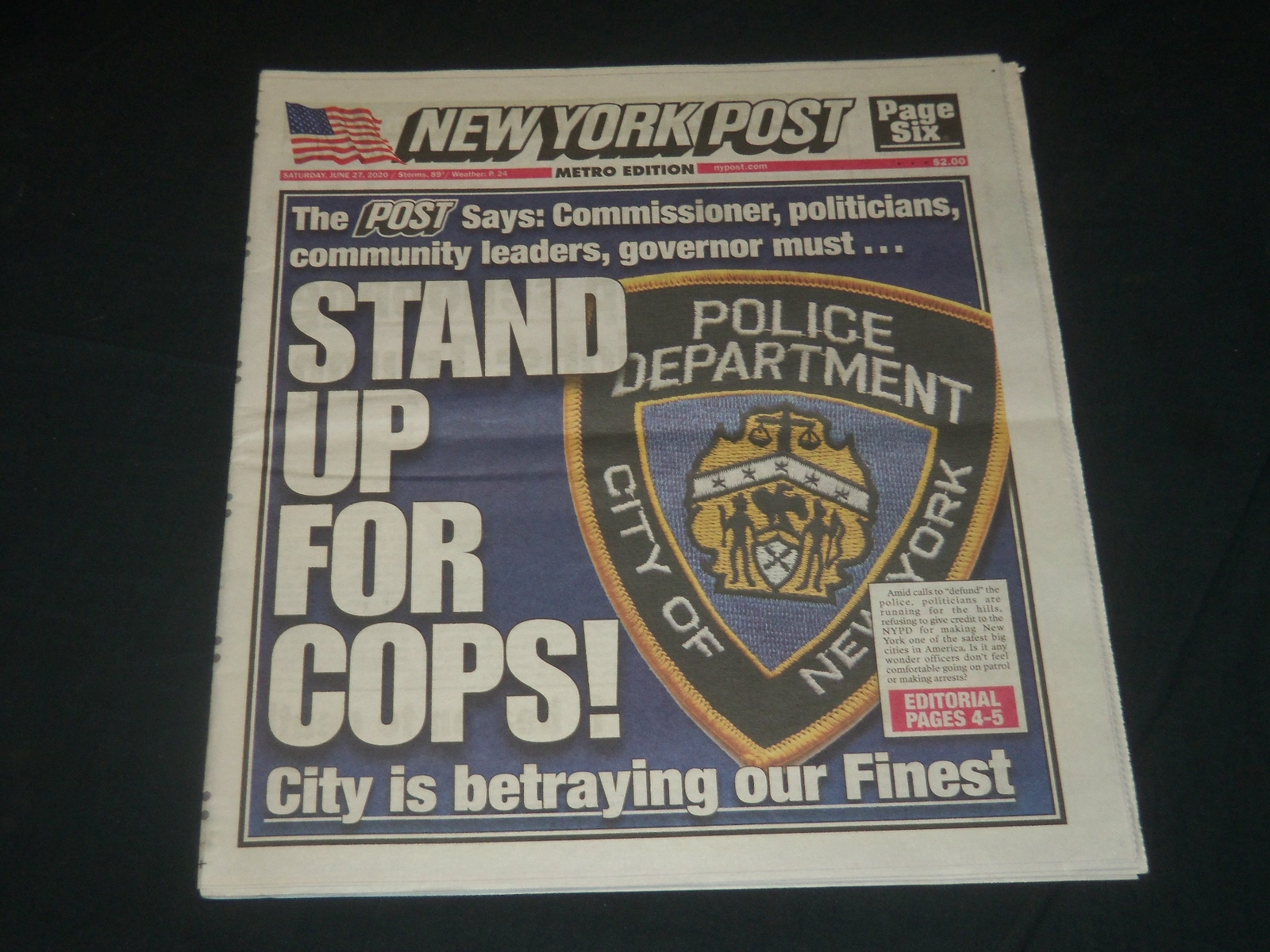 2020 JUNE 27 NEW YORK POST NEWSPAPER - STAND UP FOR COPS - BETRAYING OUR FINEST 2020 JUNE 27 NEW YORK POST NEWSPAPER - STAND UP FOR COPS - BETRAYING OUR FINEST