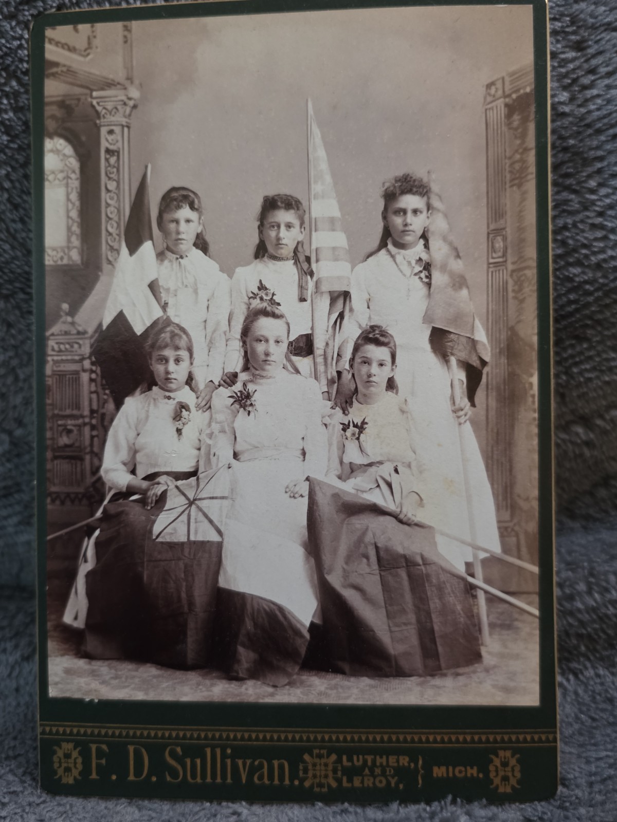 Antique Cabinet Card Patriotic Young Women Holding American & French Flags F.D. Antique Cabinet Card Patriotic Young Women Holding American & French Flags F.D.