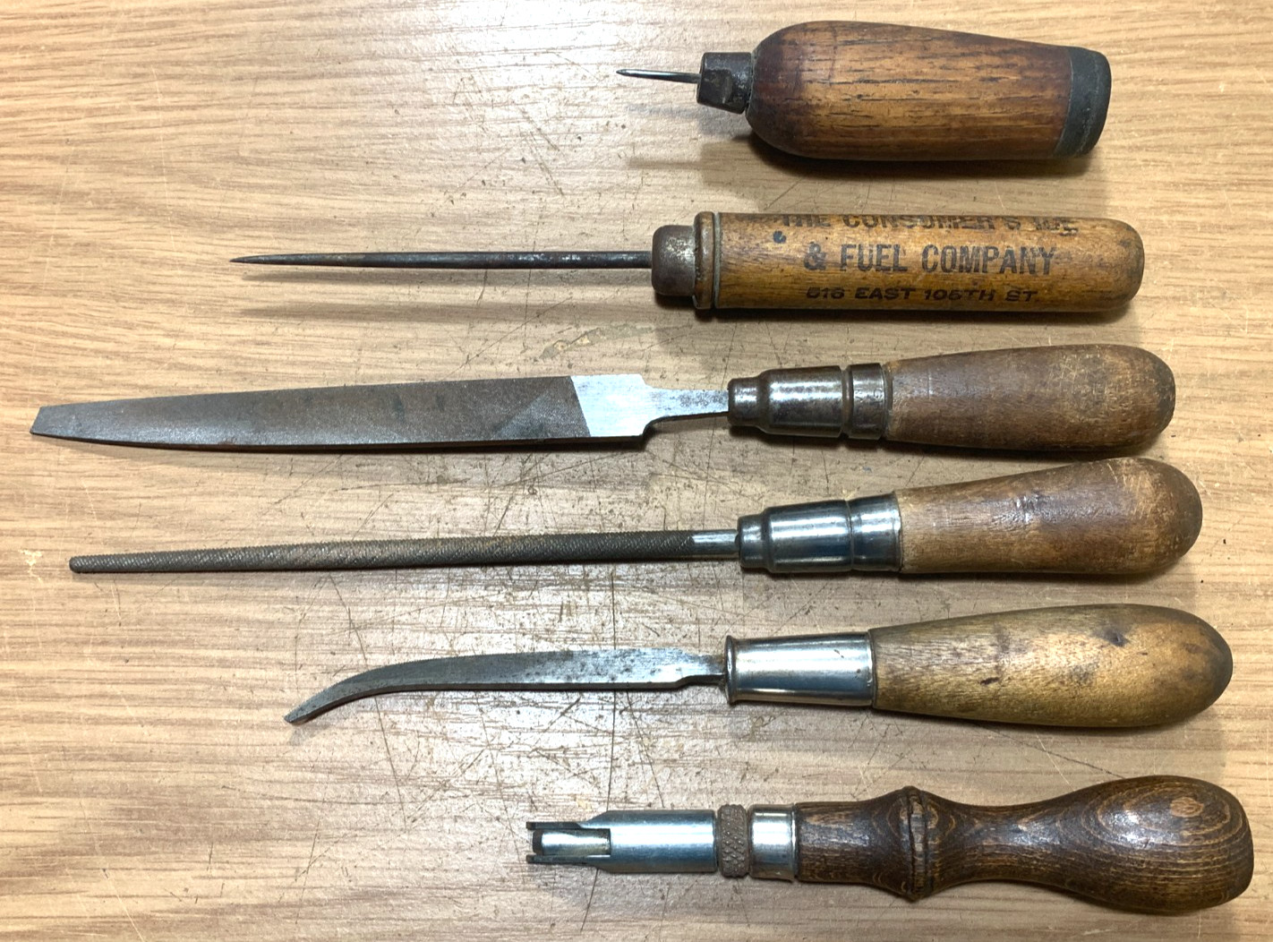 Six (6) Antique Vintage Wood Handle Carpentry Tools Scratch Awl Pick Files Gouge