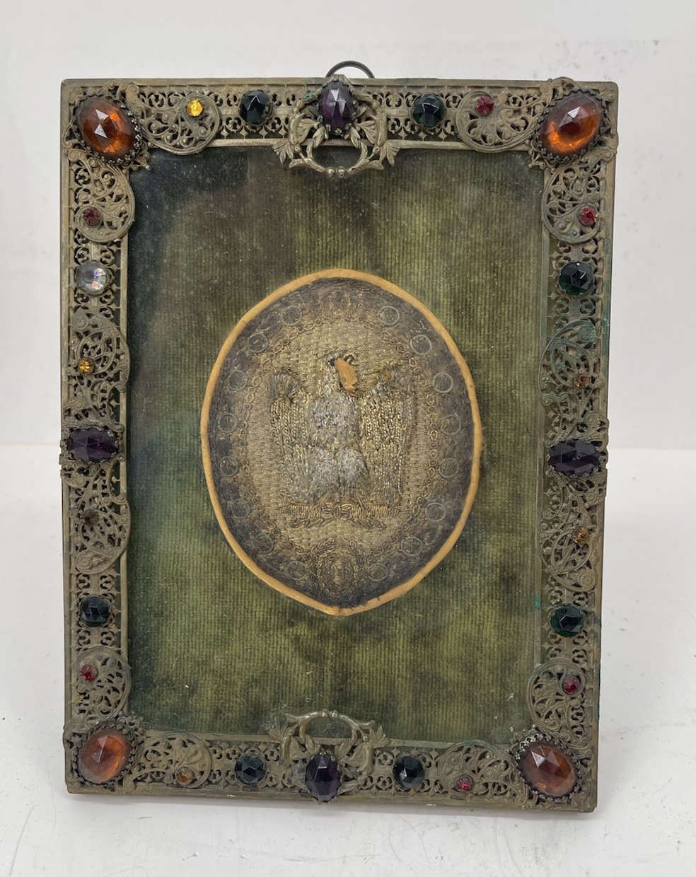 Antique Filigree Frame with Embroidered Double-Headed Eagle Religious Textile Antique Filigree Frame with Embroidered Double-Headed Eagle Religious Textile