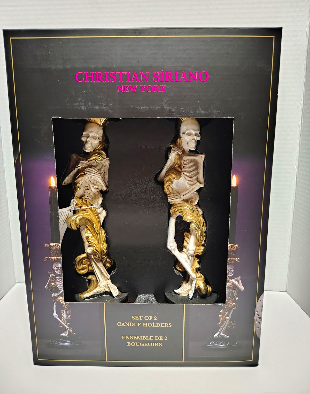 Christian Siriano Skeleton Resin Candle Holders 2pk Antique Gold Boxed