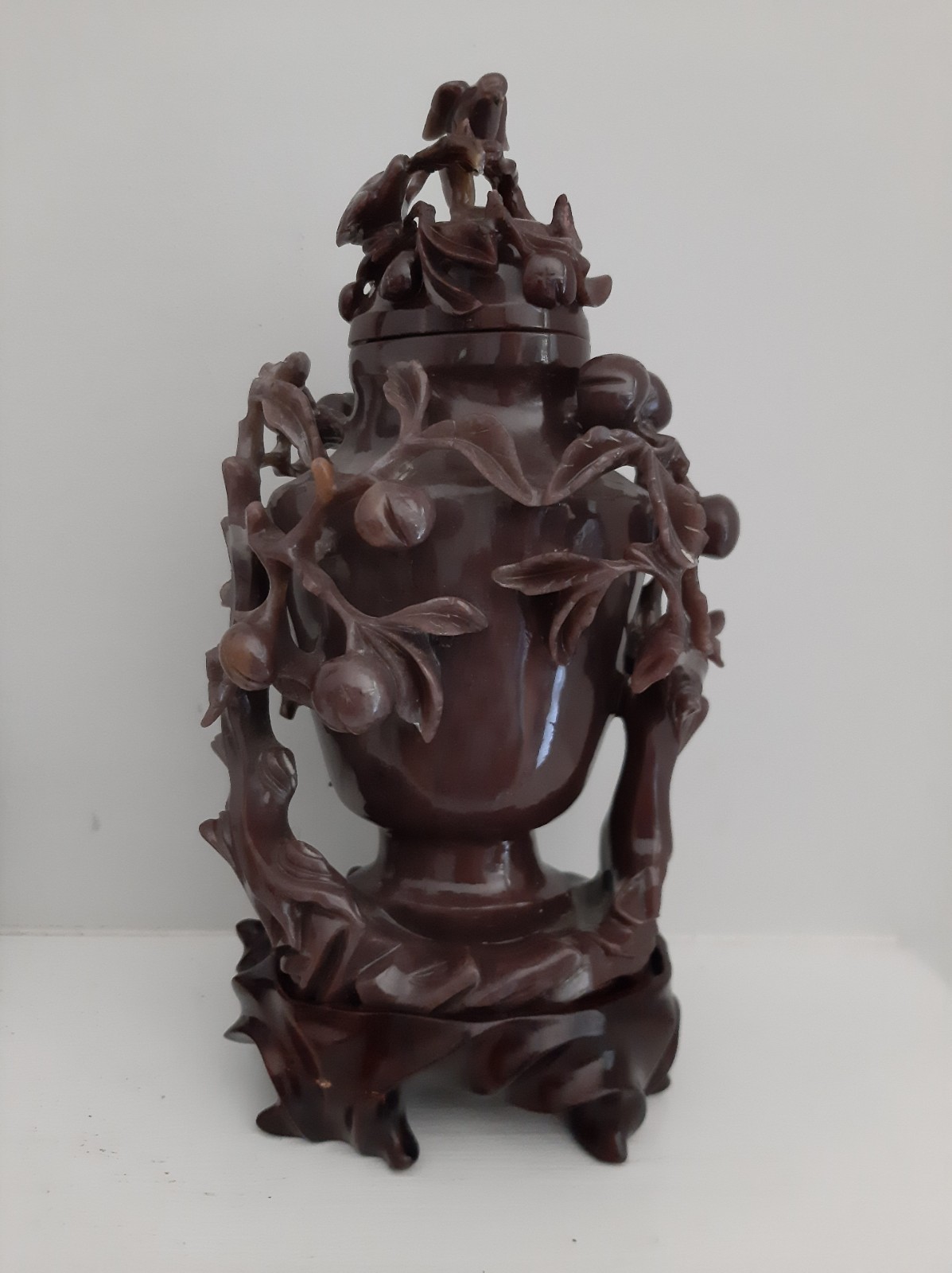 Vintage Chinese Hand-Carved Soapstone Steatite Double Vase w/Stand Peach Tree Vintage Chinese Hand-Carved Soapstone Steatite Double Vase w/Stand Peach Tree