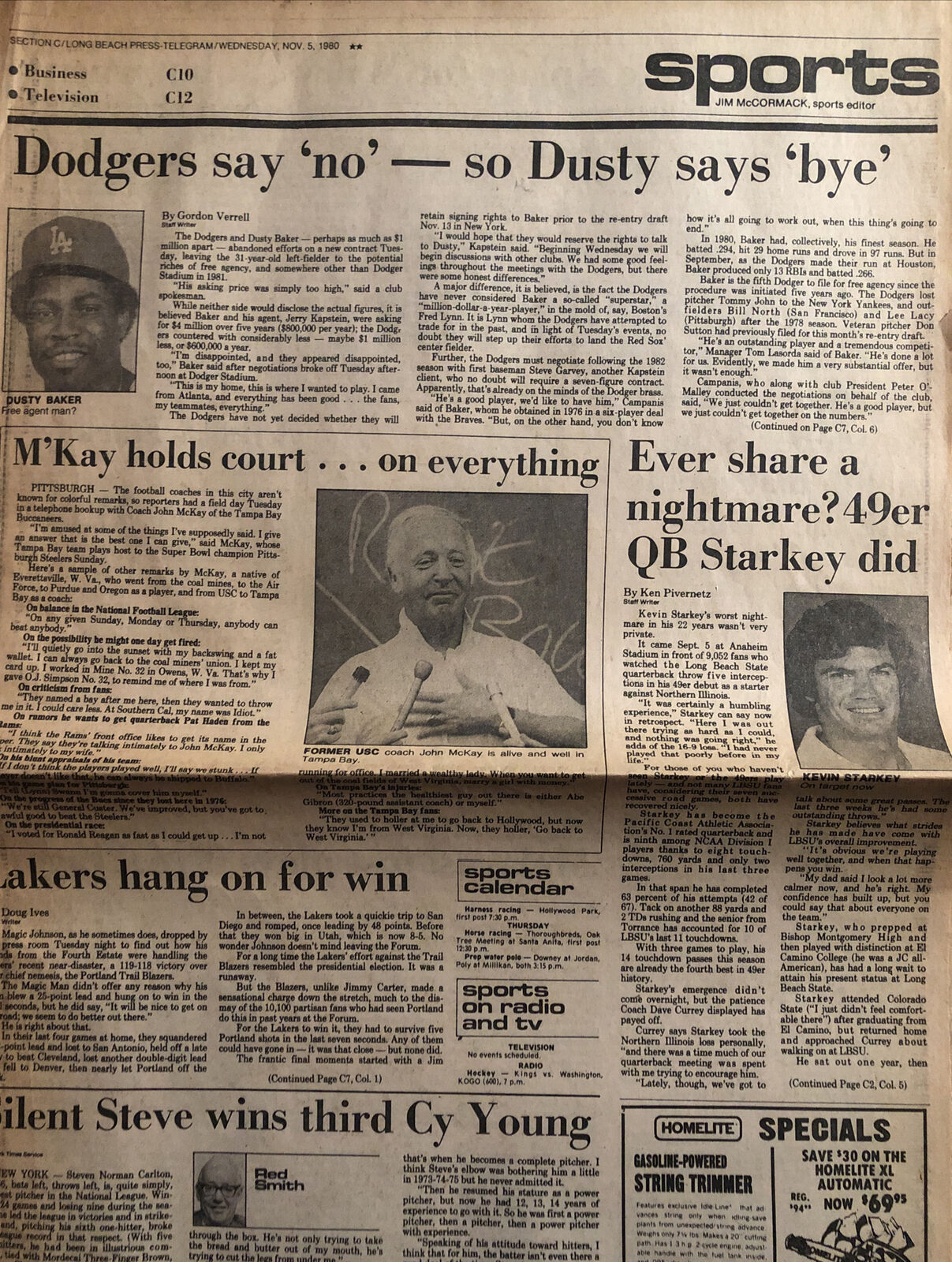Magic Johnson Los Angeles Lakers Win + Dusty Baker Dodgers 1980 Newspaper
