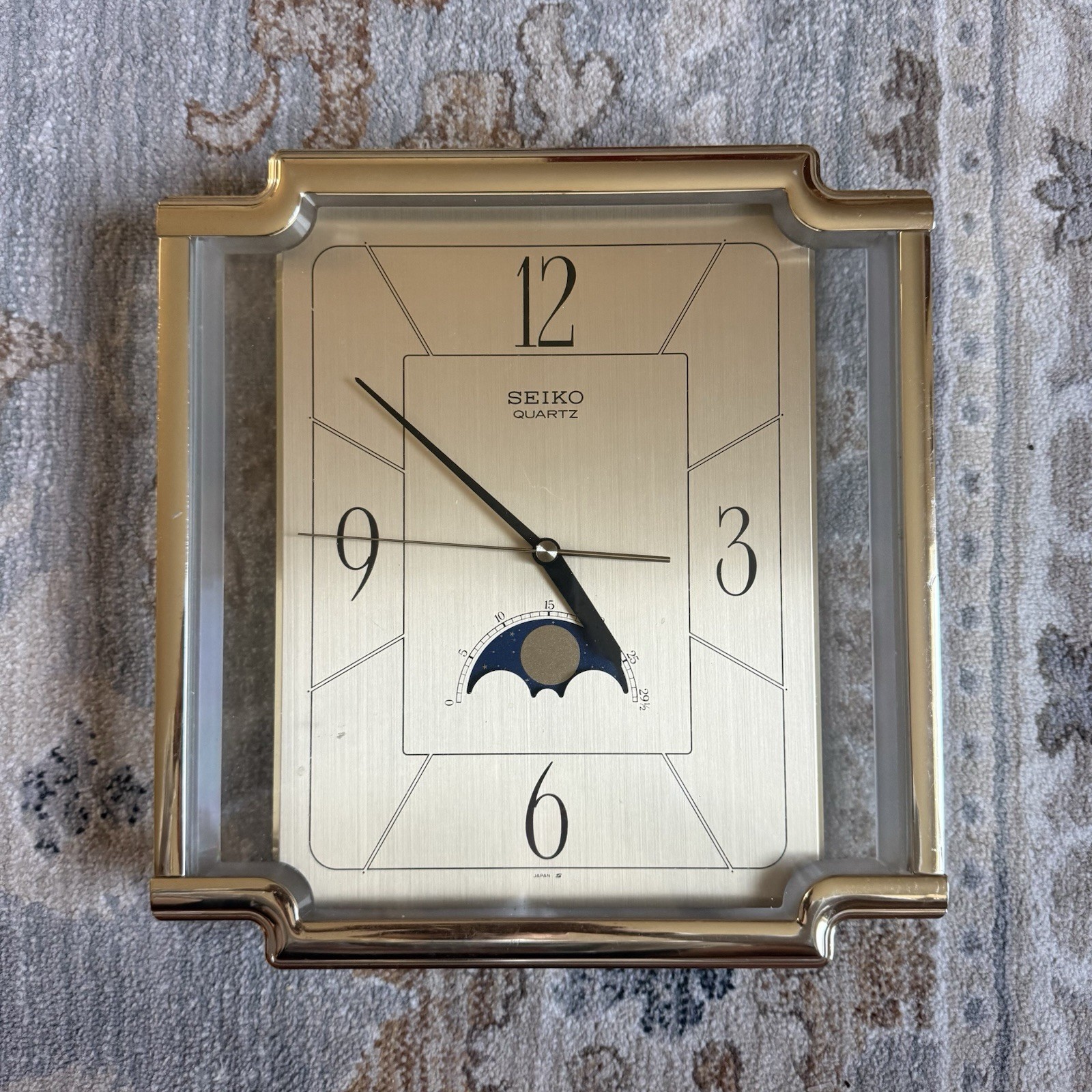 Vintage Seiko Quartz Moon Phase Wall Clock Square Gold Tone Frame Tested Works Vintage Seiko Quartz Moon Phase Wall Clock Square Gold Tone Frame Tested Works