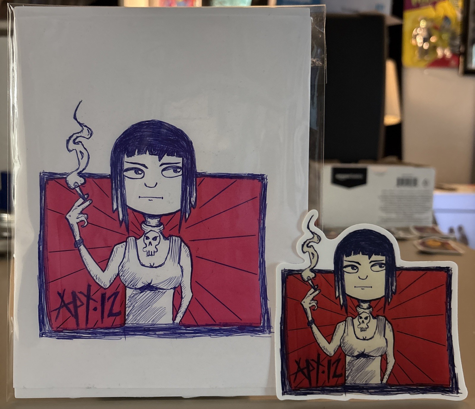 6x8 Original Art W/Ball Point Pen & Sticker - Sam Punk Rock Goth Girl Smoking 6x8 Original Art W/Ball Point Pen & Sticker - Sam Punk Rock Goth Girl Smoking