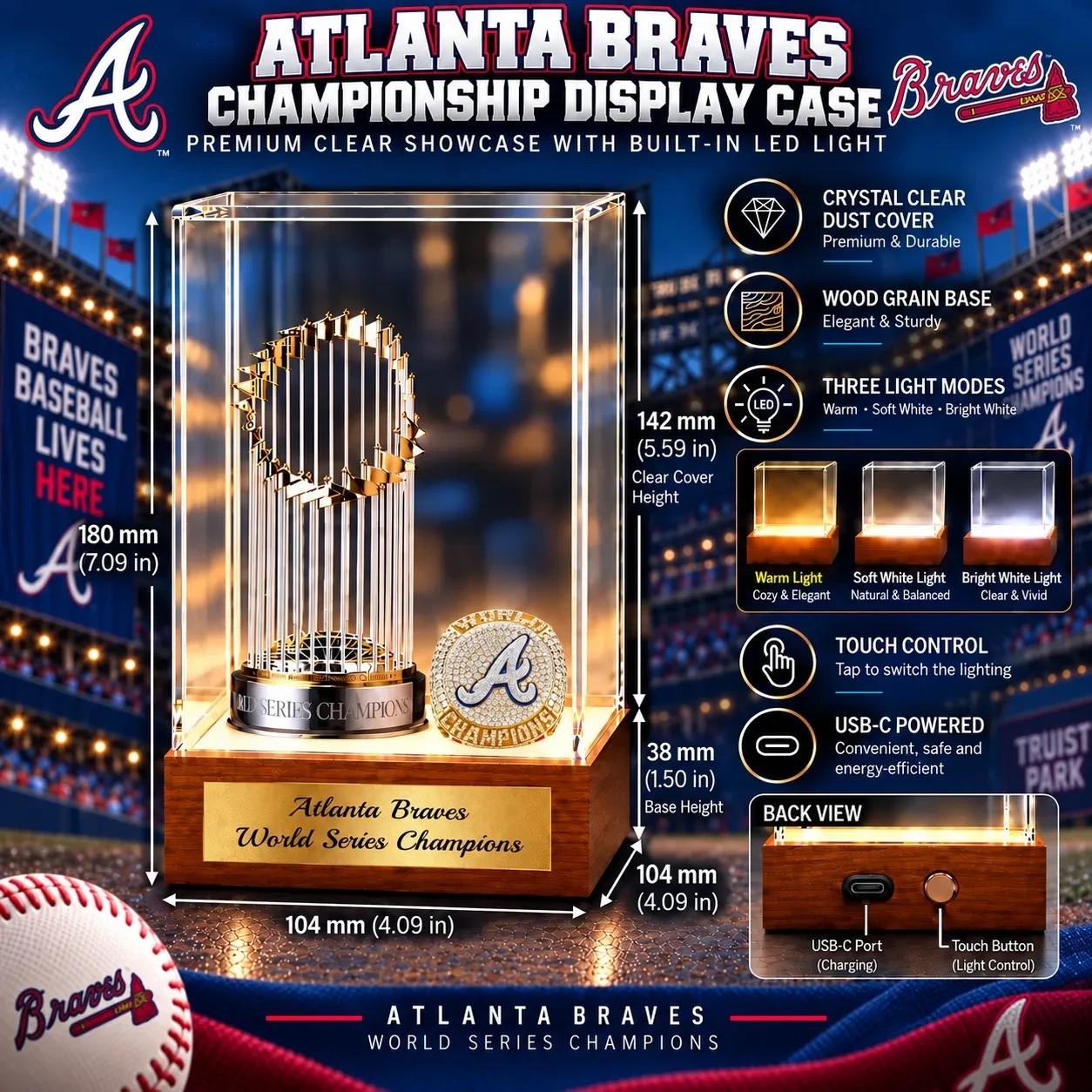 LED Acrylic Display Case Wood Base Trophy Ring Atlanta Braves Theme LED Acrylic Display Case Wood Base Trophy Ring Atlanta Braves Theme