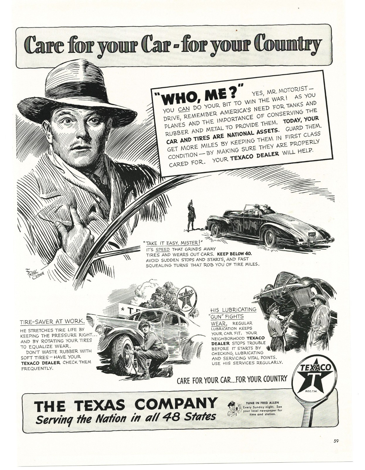 1942 TEXACO WW2 Vintage Print Ad Godwin Art Care For Your Country Tire Saving