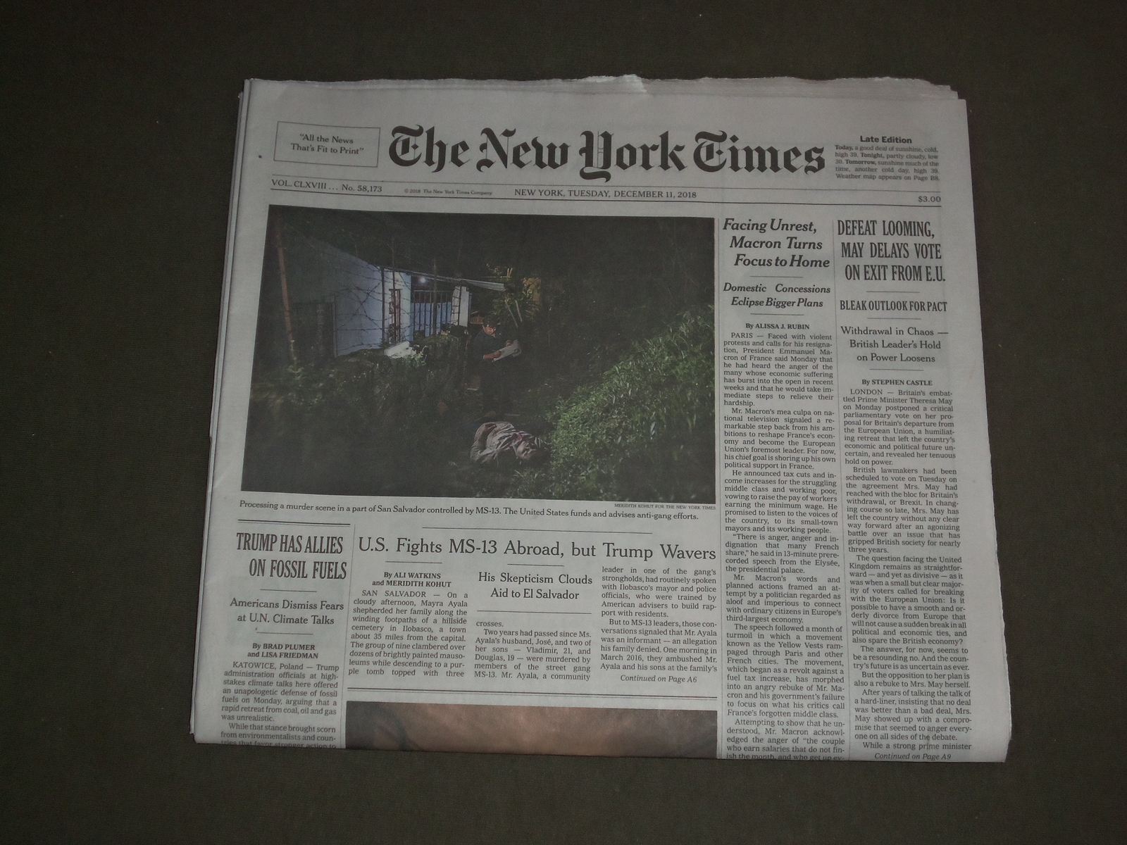 2018 DECEMBER 11 NEW YORK TIMES - THERESA MAY DELAYS VOTE ON EXIT FROM E.U. 2018 DECEMBER 11 NEW YORK TIMES - THERESA MAY DELAYS VOTE ON EXIT FROM E.U.