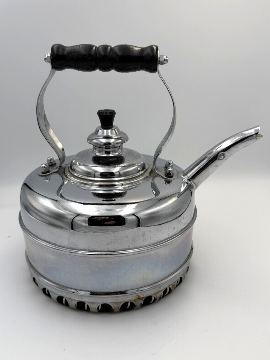 Vintage Simplex Patent Solid Copper Chrome Tea Kettle England 400709-402190 Wood