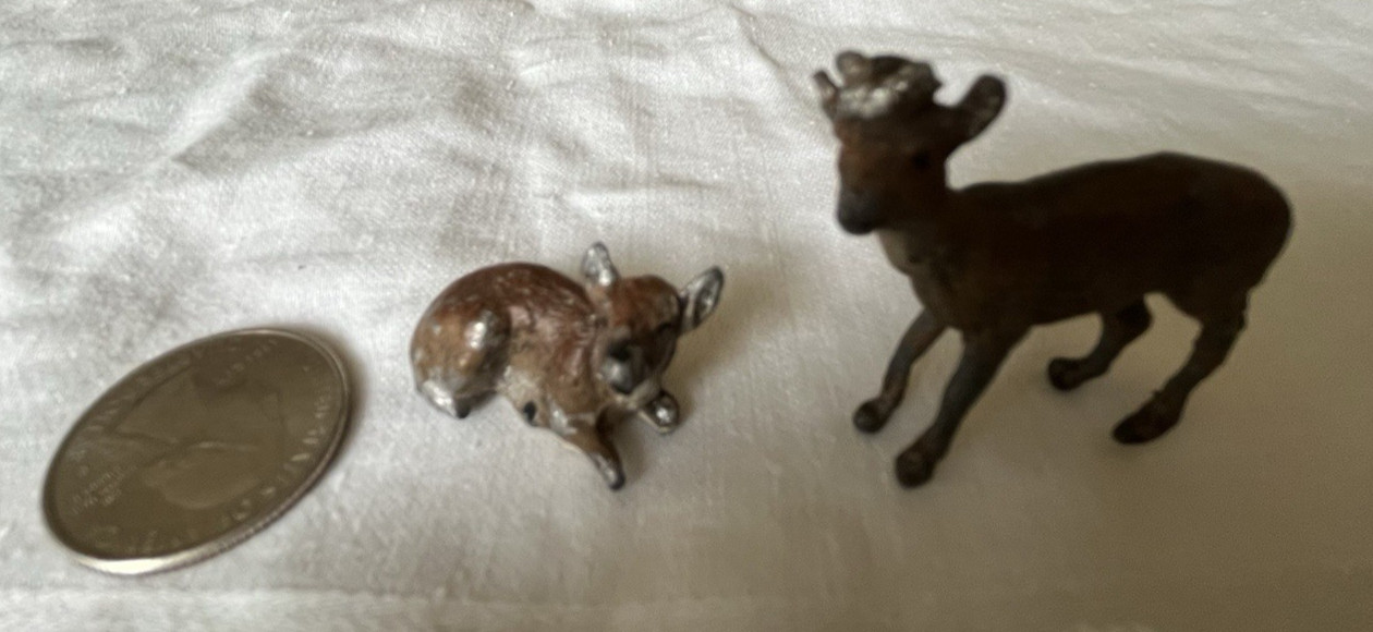 2 RARE Antique Lead Deer Figurines Heyde German Reindeer Christmas  Tiny  1 Inch