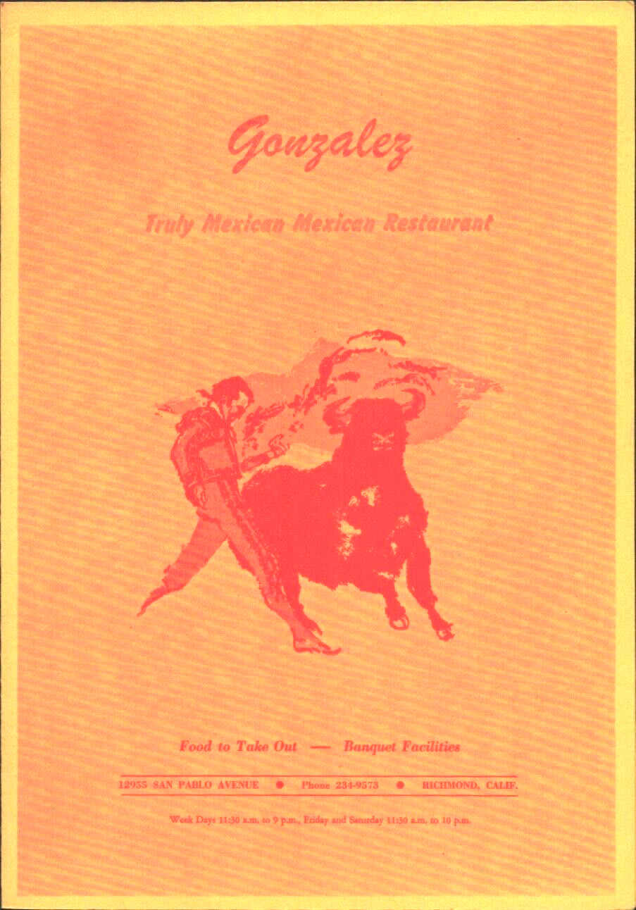1970s GONZALEZ MEXICAN RESTAURANT vintage mini take-out menu RICHMOND CALIFORNIA 1970s GONZALEZ MEXICAN RESTAURANT vintage mini take-out menu RICHMOND CALIFORNIA