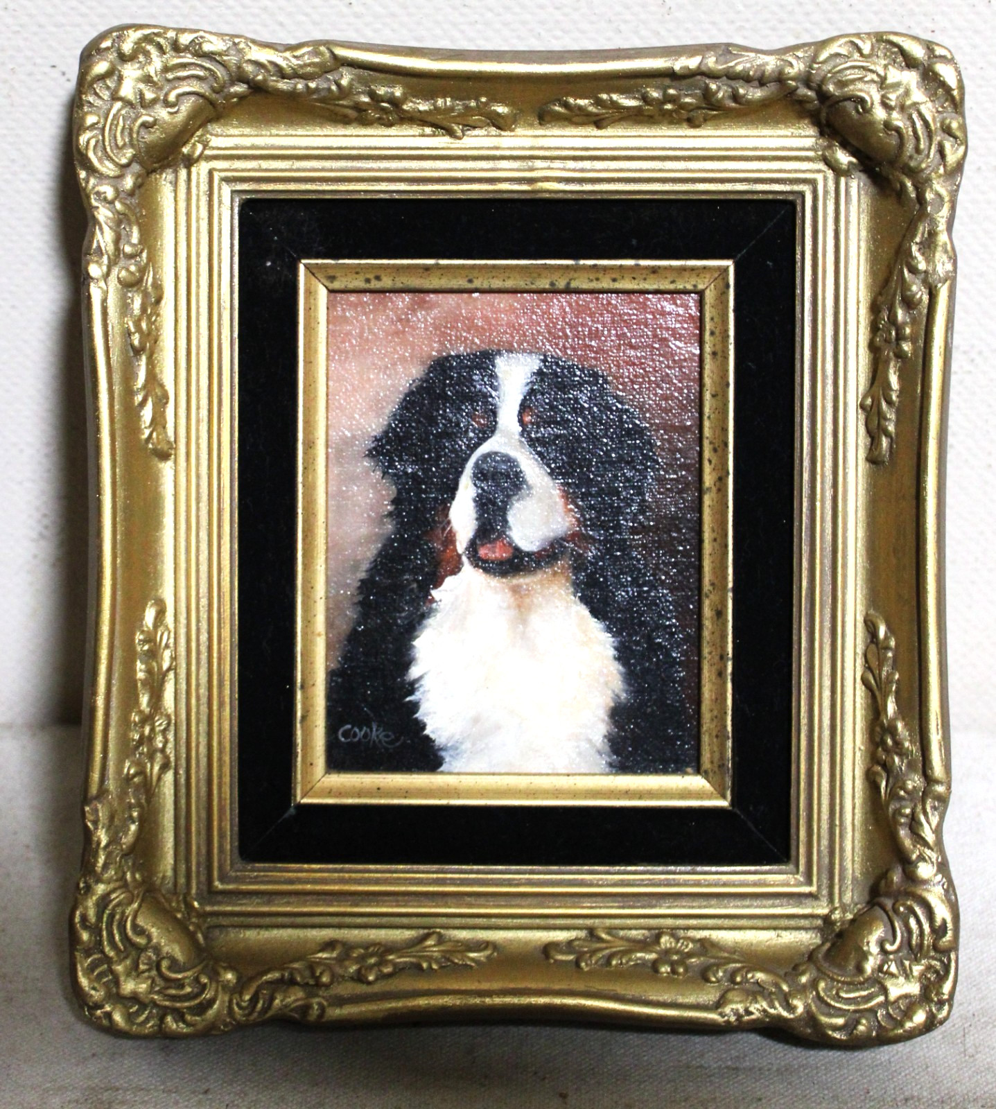 MINI ORIGINAL OIL PAINTING BERNESE MOUNTAIN DOG PORTRAIT FRAMED SIGNED GOLD GILT MINI ORIGINAL OIL PAINTING BERNESE MOUNTAIN DOG PORTRAIT FRAMED SIGNED GOLD GILT