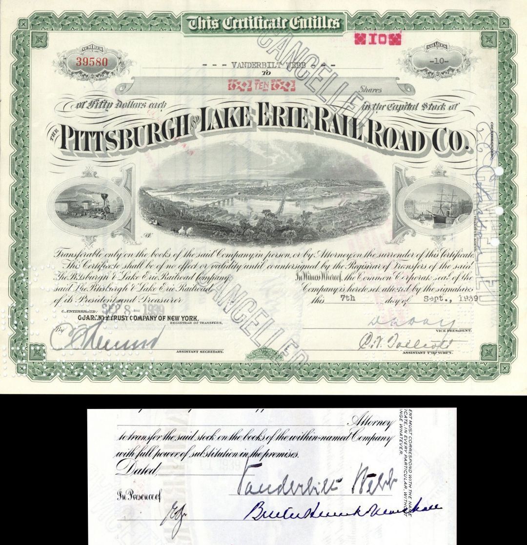 Pittsburgh and Lake Erie Rail Road Co. signed by Vanderbilt Webb - Stock Certifi