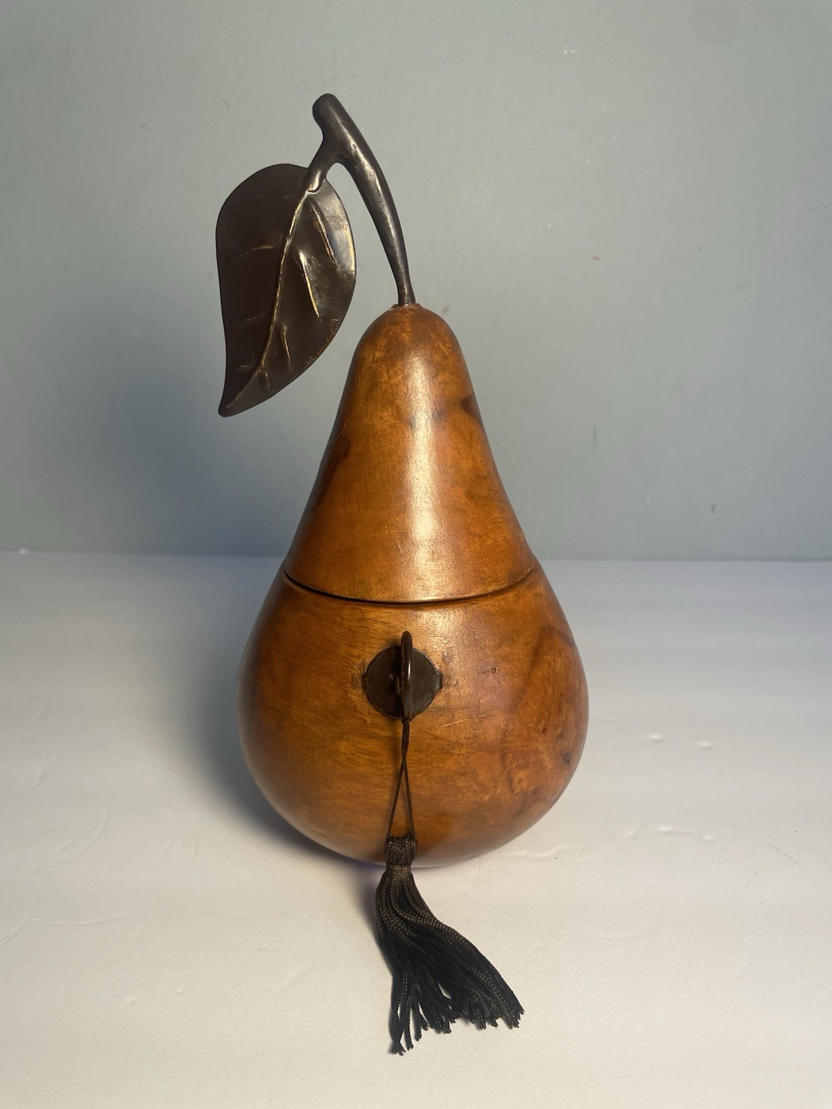 Vintage Wooden Pear Trinket Box Or Tea Caddy W/Metal Leaf & Stem 8.25”