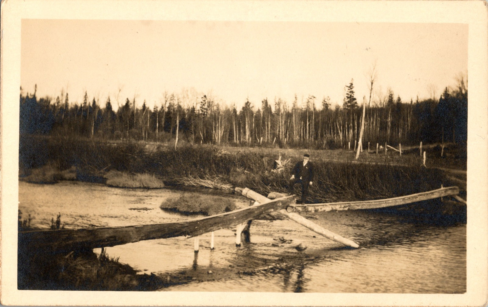 RPPC Rustic Log Bridge Over River Man Forest Scene Real Photo Postcard Unposted