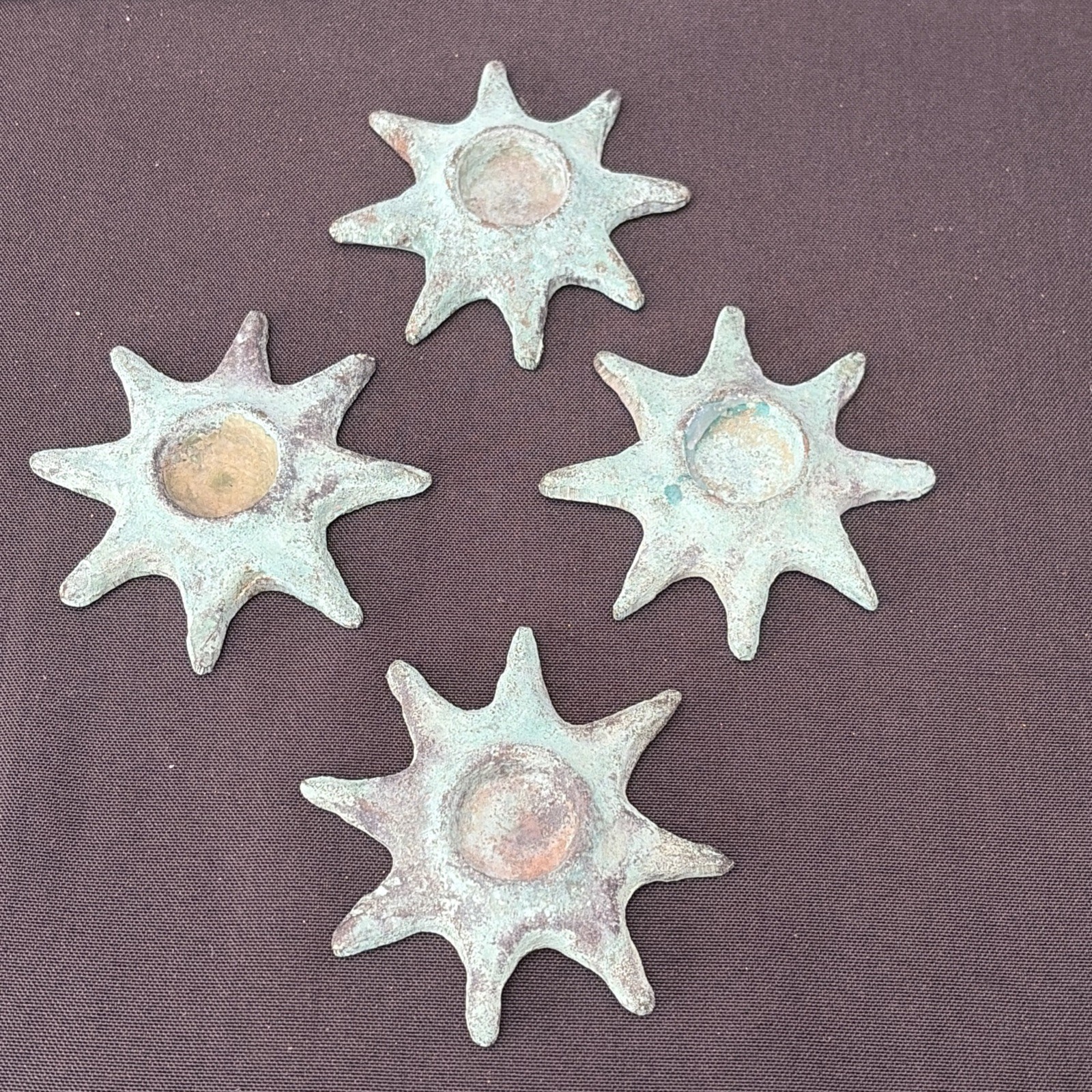 Set of 4 Vintage Sun Celestial Patinated Star Metal Cast Iron Candle Holders Set of 4 Vintage Sun Celestial Patinated Star Metal Cast Iron Candle Holders