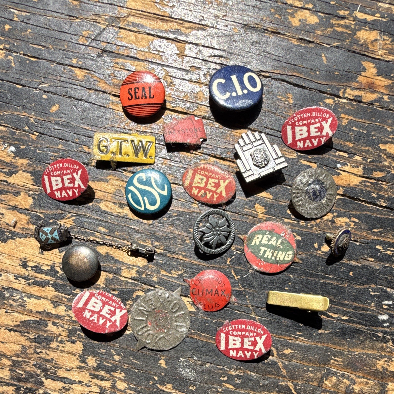 Antique Tobacco Advertising Pin Button Lot IBEX Navy CIO Seal GTW c1910s Vintage
